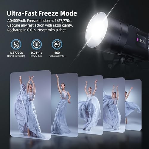 Vista 41 de GODOX AD400 Pro AD400Pro - Luz estroboscópica para exteriores, 400 W TTL portátil Flash Monolight, 390 estallidos de potencia completa, 0.01-1s