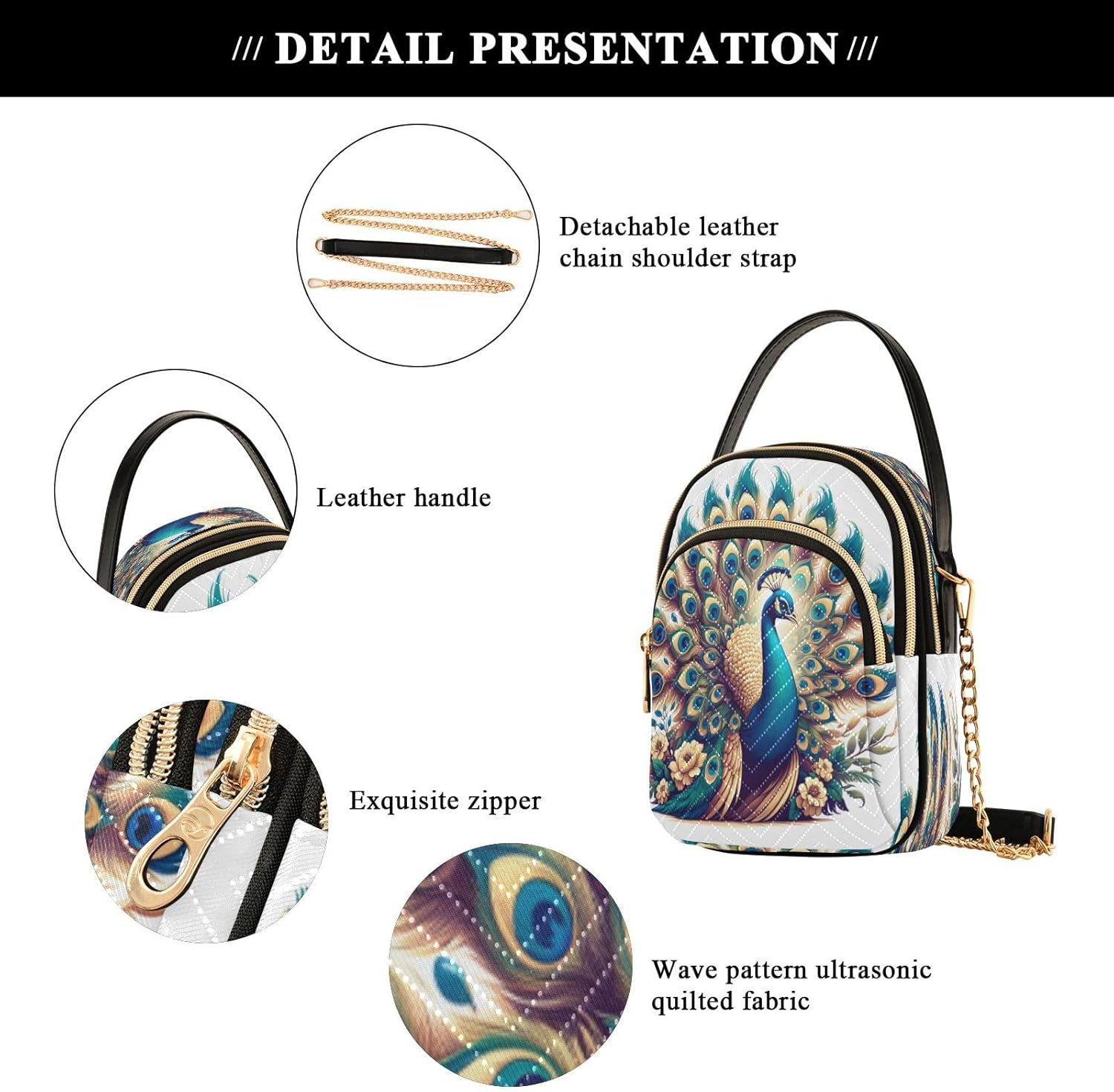 ALAZA Quilted Crossbody Bags for Women,A Beautiful Peacock Women's Crossbody Handbags Small Travel Purses Phone Bag