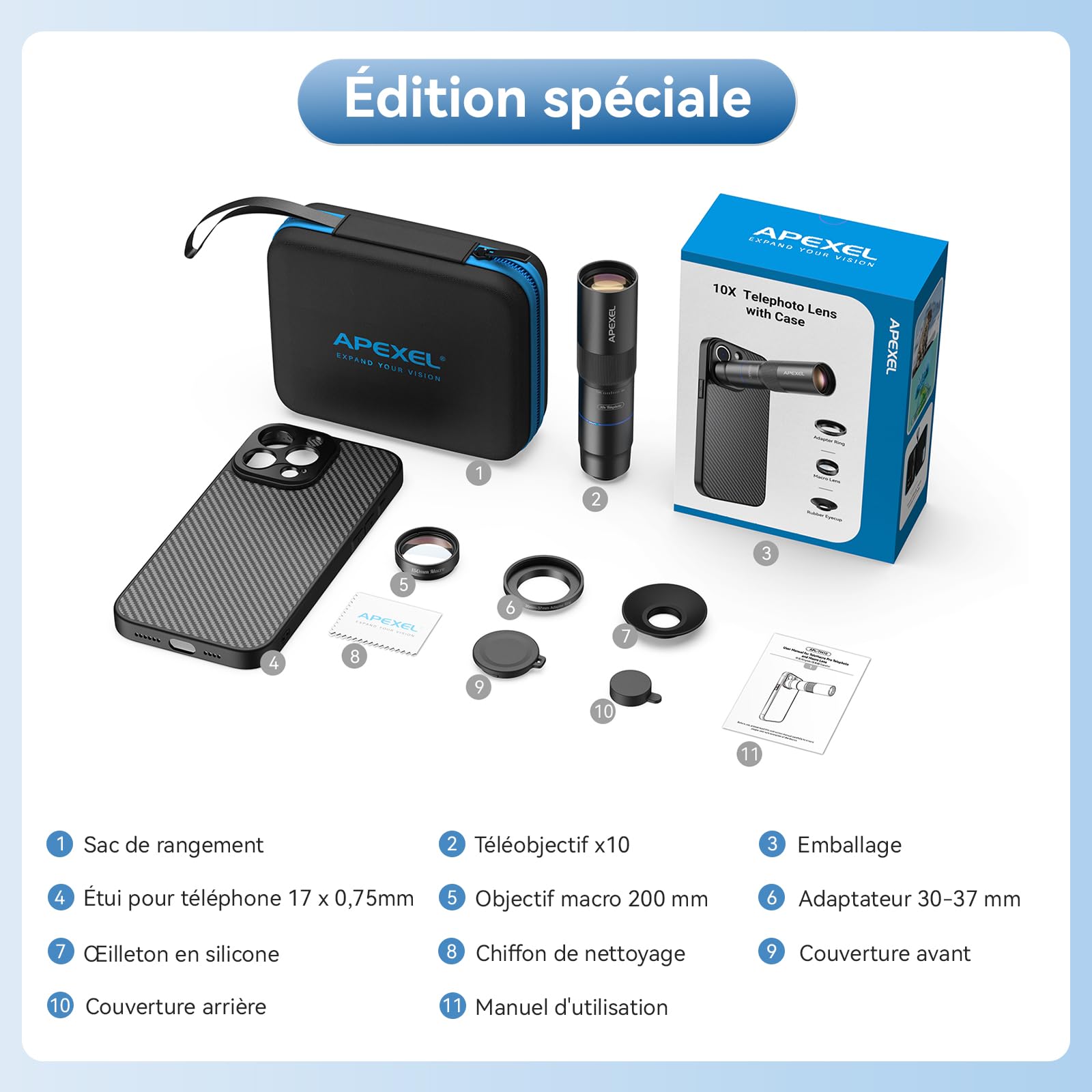 APEXEL Objectif Téléobjectif Compact 10x & Objectif Macro 200 mm avec Étui de Téléphone Dédié, Objectif FMC Ed Professionnelle, Compatible avec iPhone 17