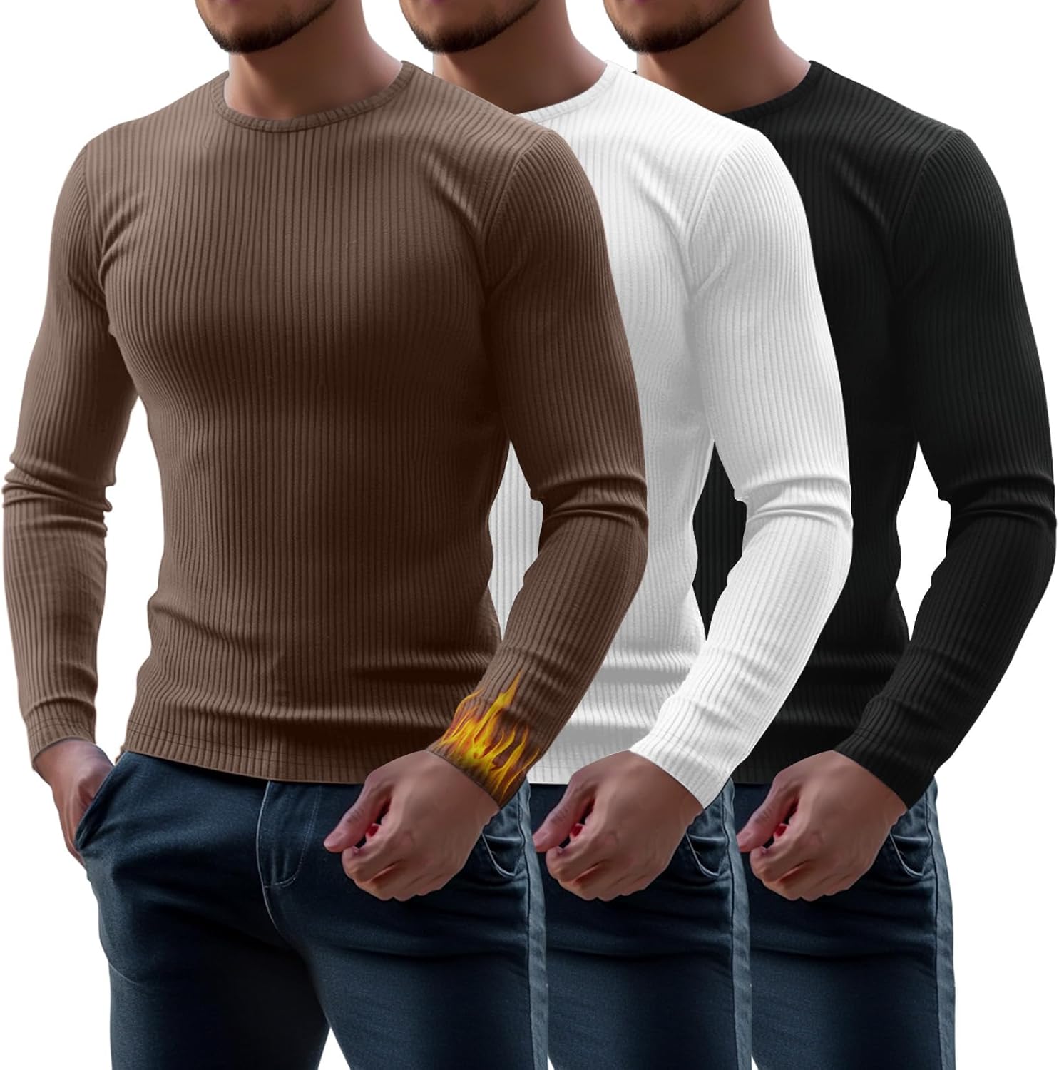 Riyiper 3 Pack Men's Ribbed Thermal Shirts Crew Neck Long Sleeve Tops Winter Stretchy Slim Basic Undershirt
