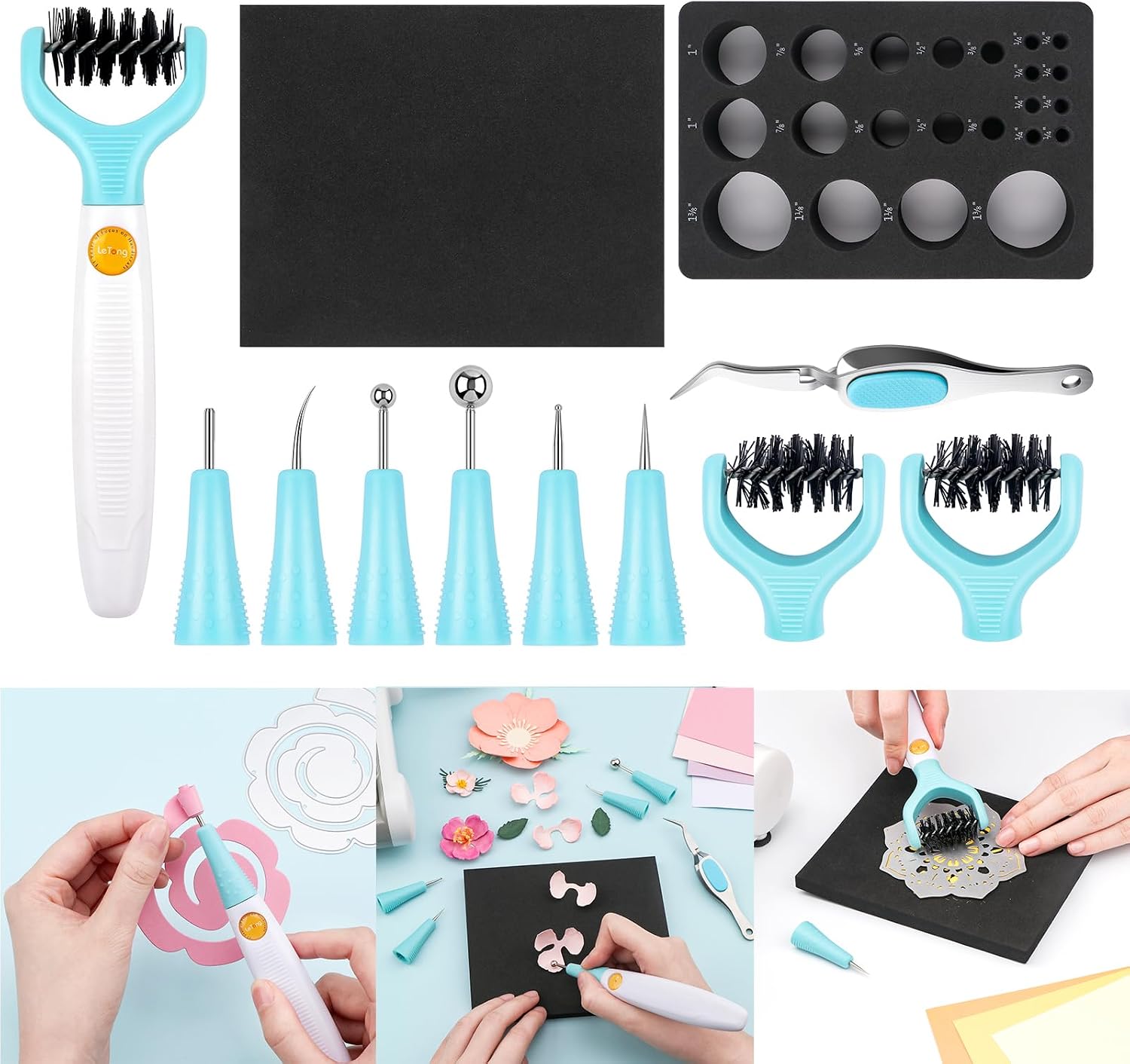 Briartw All-in-One Paper Sculpting Tool Kit - 6 Tips,3 Replacement Die Brush Tips,Foam Molding Mat, Flower Mold Tray,Reverse Grip Craft Tweezers for Realistic Flower Making & Die Cleaning - 13 pcs