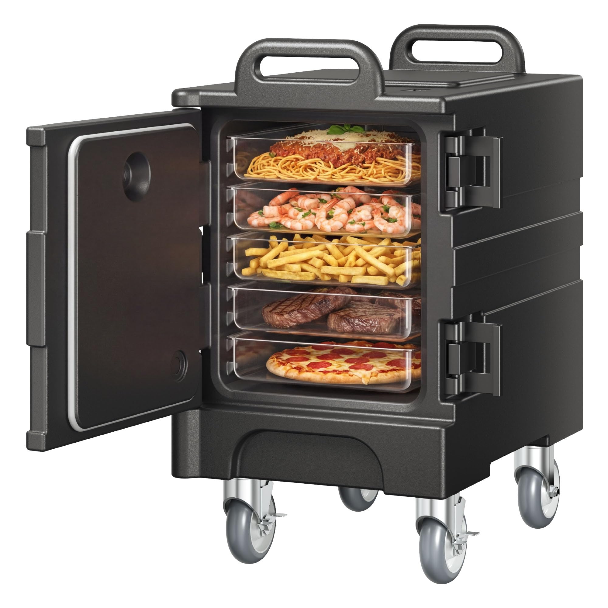 VEVOR Caja Térmica para Alimentos con Aislamiento de 75 L para Catering, Caja para Alimentos con Hebillas Dobles, Carga Frontal con Asas, con Ruedas para Restaurantes, 650x450x815 mm (Sin Bandeja)