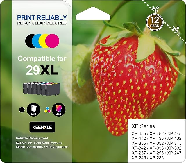 12-Pack 29XL Strawberry High Yield Compatible Multipack Ink Cartridges KEENKLE Replacement for Epson 29XL for XP-442 XP-355 XP-352 XP-345 XP-342 XP-335 XP-332 XP-257 XP-255 XP-245 XP-235 (6B/2C/2M/2Y)