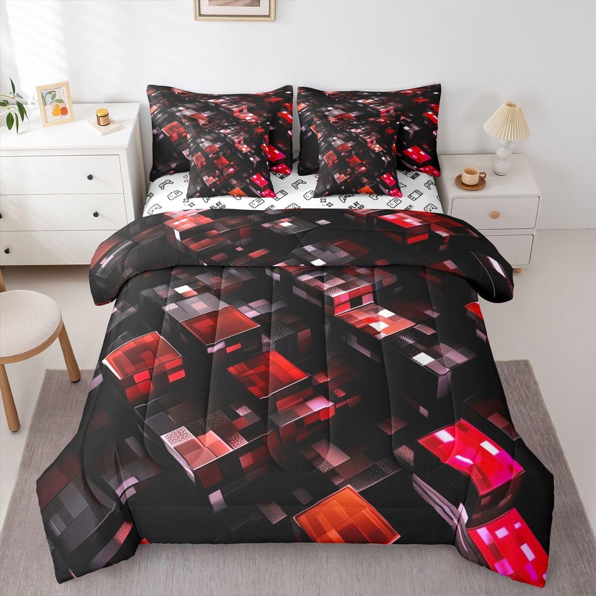 Pixelated Miners Game Full Size Comforter,Geometric Check Video Games Bedding Set 7 Piece,Gamepad Grid Modern Gaming Decor for Boys Girls,Red Black(Fitted+Sheet+2 Pillowcases+2 Throw Pillow Covers) image 4