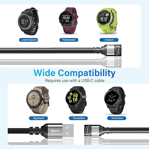 Miniatura 6 de Cable cargador de reloj Garmin en ángulo recto de 10 pies, USB A de 90 grados a Garmin Cable adaptador de carga rápida trenzado para Garmin Fenix,