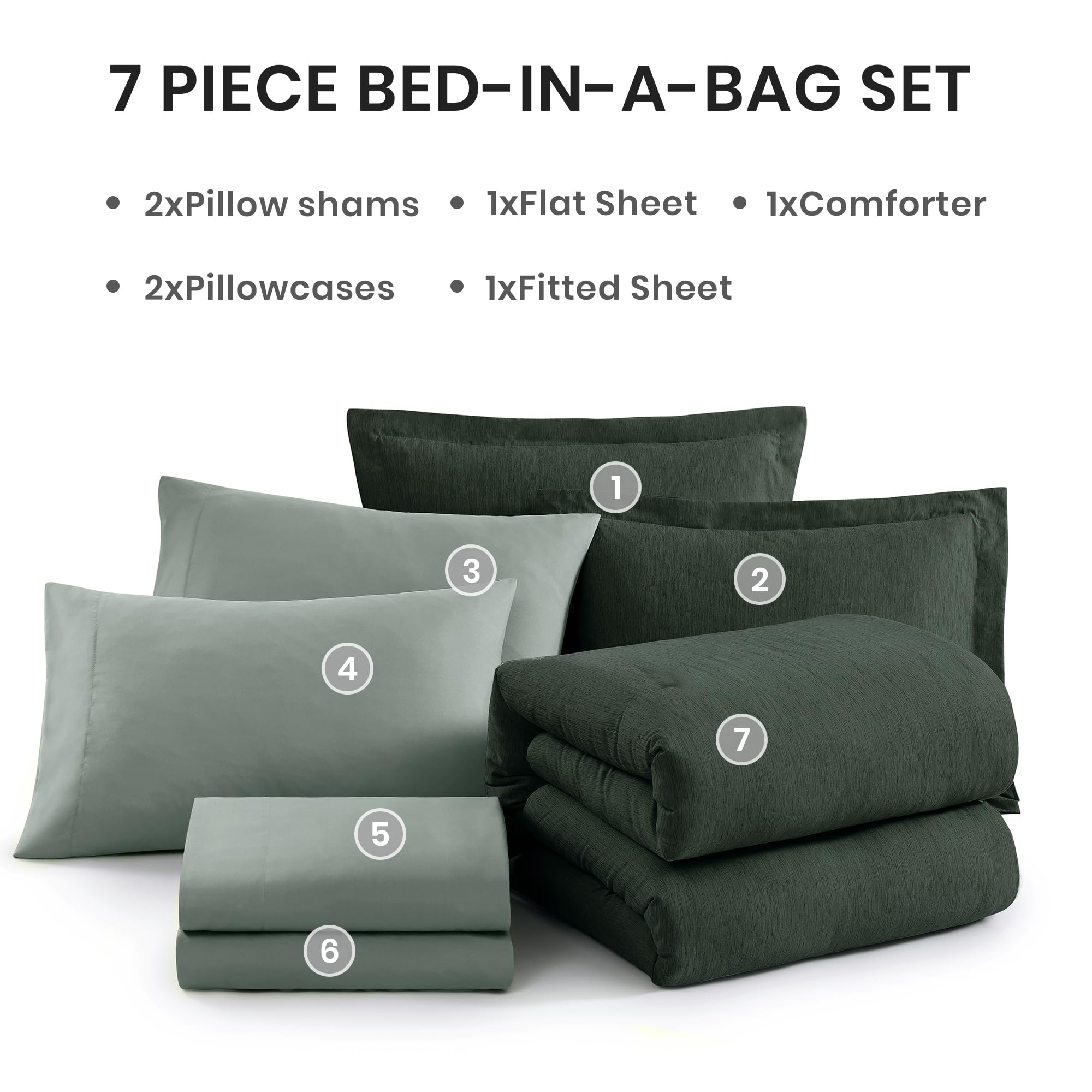 Monbix Queen Comforter Set - 7 Pieces Cationic Dyeing Olive Green Bed in a Bag Queen Bedding Sets with Comforter, Sheets, Pillowcases & Shams, Reversible Bedding Comforters Sets: Deep Forest 7Piece-Full(80”X90'')
