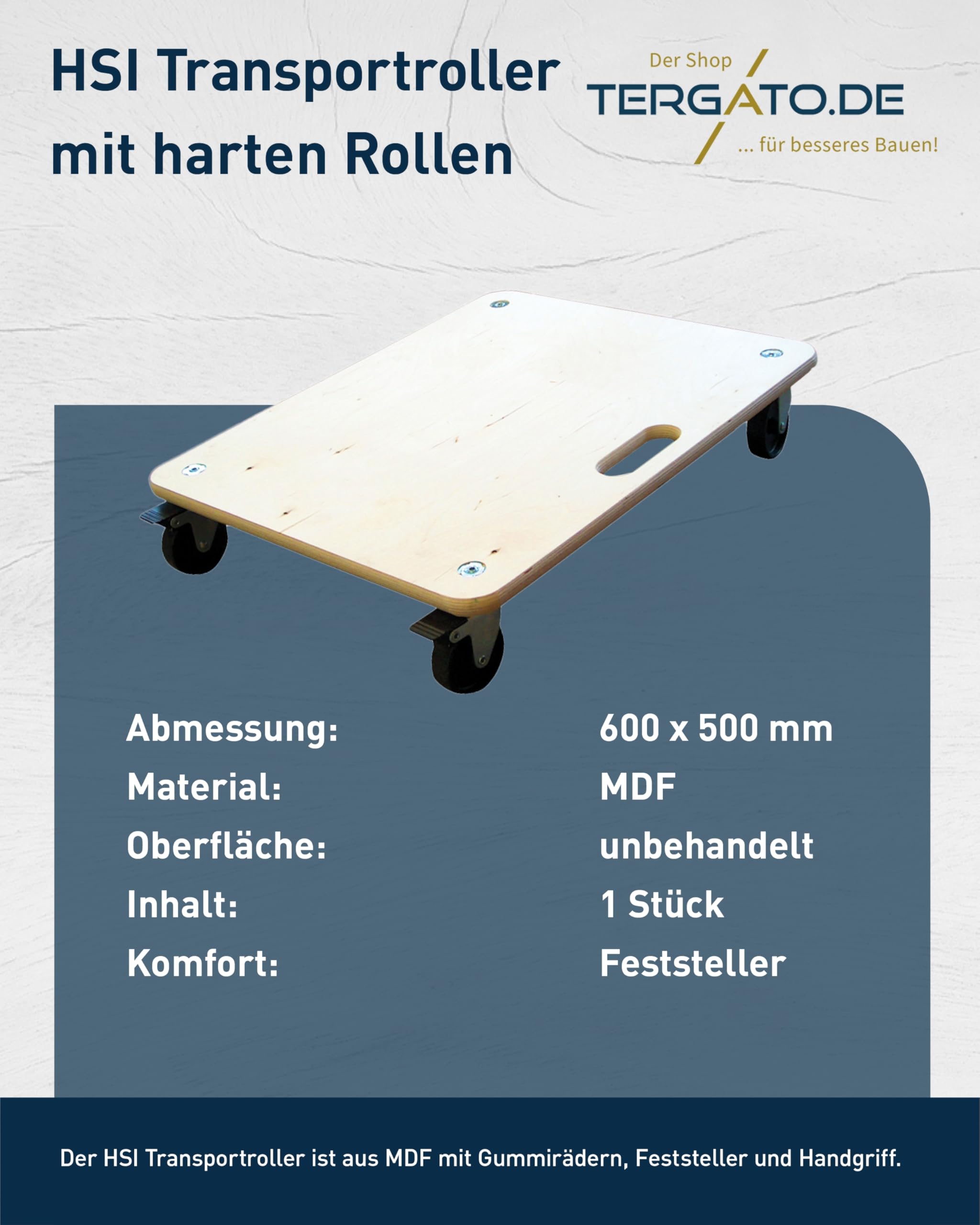 HSI Transportroller Schwerlast bis zu 300 kg 600 x 500 mm - Blockierbarer Möbelroller ohne Wegrollen, Rollbrett mit harten Rollen, Transportwagen für Möbel oder Waschmaschine, Mit Tragegriff