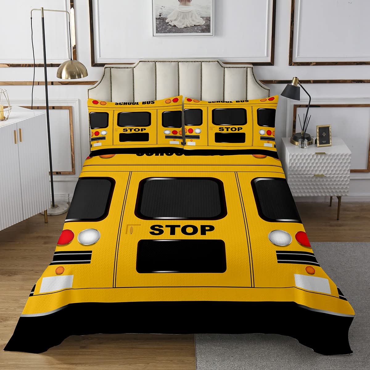 Divertido autobús escolar acolchado, estampado frontal amarillo para niñas, niños y adolescentes, juego de colcha de estilo infantil de dibujos animados para habitación del vehículo, 3 piezas tamaño