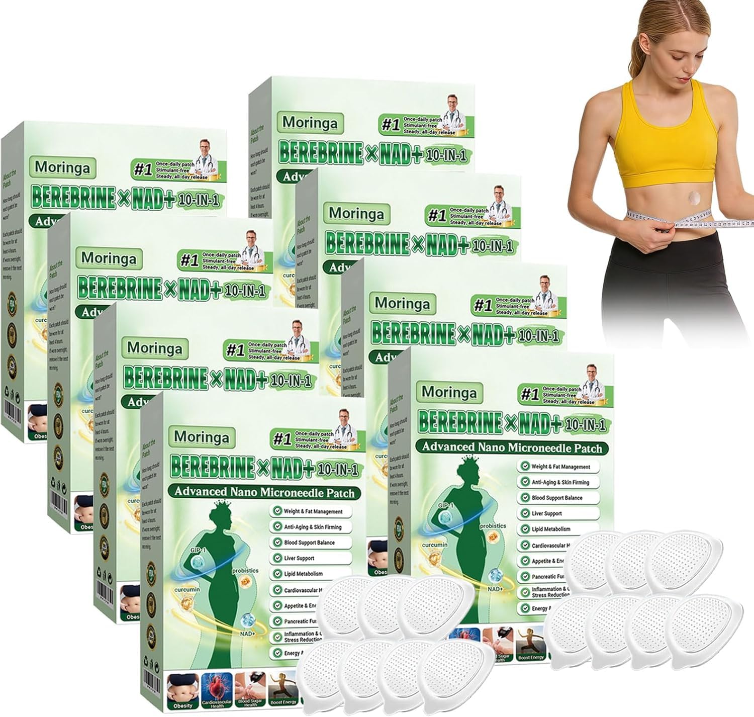 10 Cajas Moringa x Berberine Patch 10 en 1,Parche Avanzado de Nano Microagujas,Parche de Metabalance Profesional,Ingredientes Naturales,Fácil de Aplicar, para Hombres y Mujeres (8 Cajas)