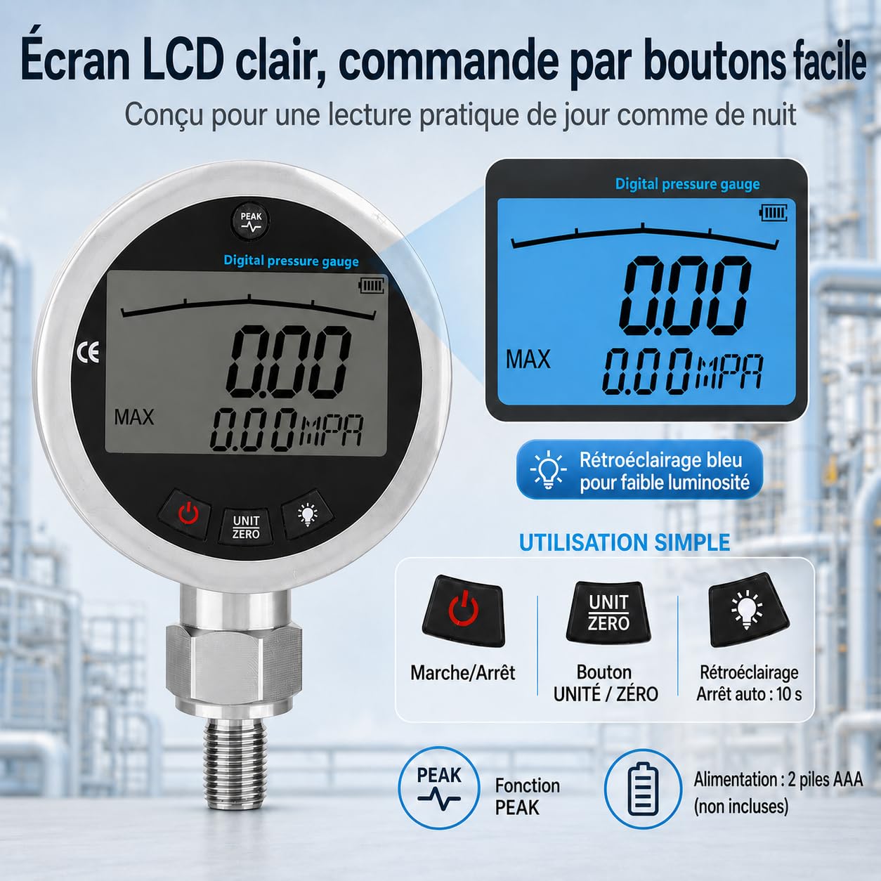 Manomètre Hydraulique Digital, Manomètre numérique hydraulique en acier inoxydable avec écran LCD éclairé pour eau, gaz, huile 400 bar, 0-40 MPa, 10000 PSI avec connecteur G1/4