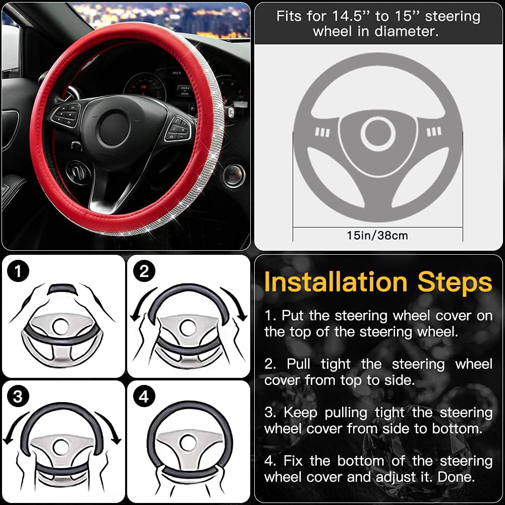 OTOSTAR 5 Pack Bling Car Accessories Set for Women, Universal Diamond Steering Wheel Cover Fit 15 Inch, Bling Car Armrest Cover, Bling Car Cup Coaster Holder, Car Bling Ring Emblem Sticker, Red