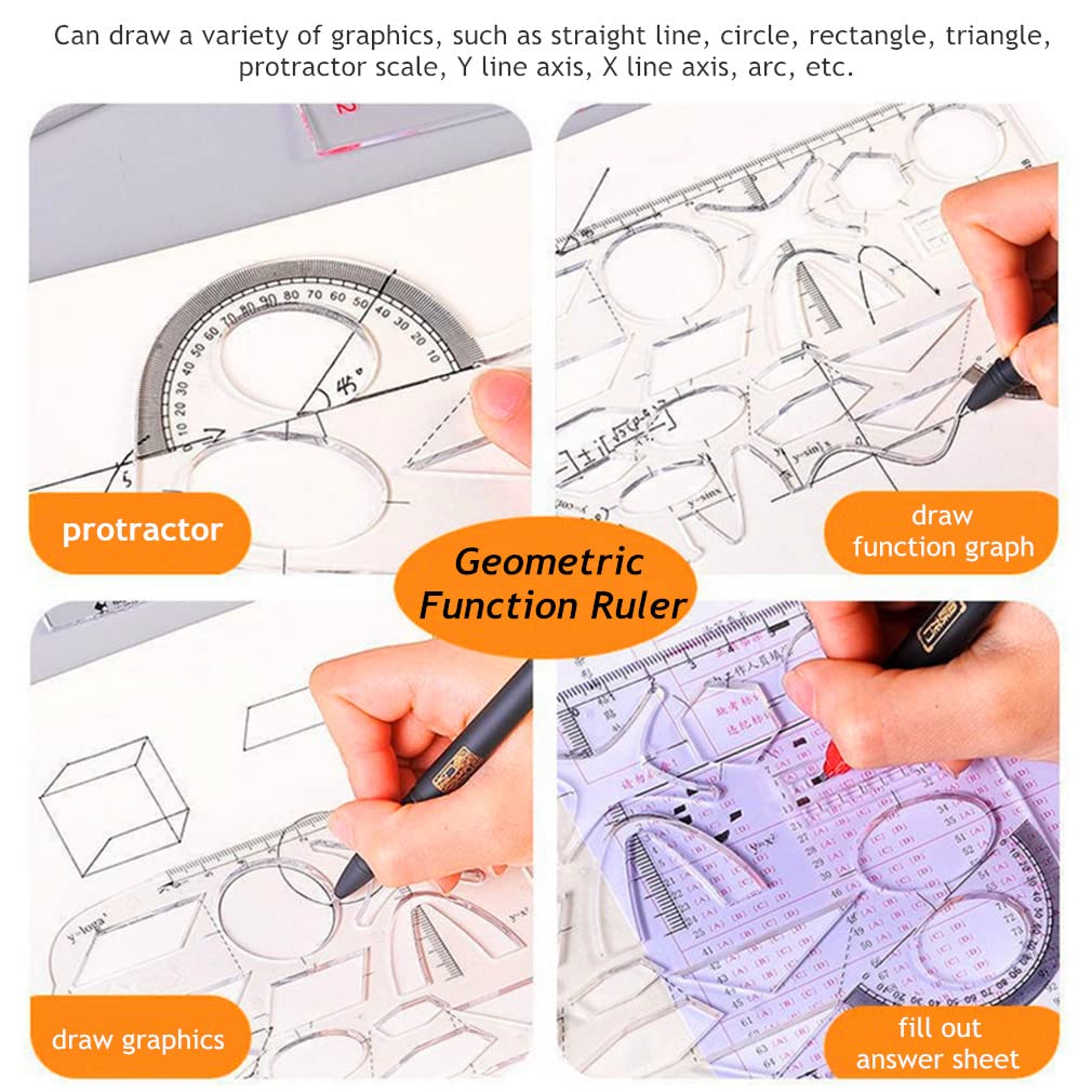 Morices 4 Pcs Geometric Drawing Ruler Set, Multifunctional Transparent Mathematics Learning Template Measuring Ruler Circle Drawing Tool, Graphic Ruler with Clear Scale for Craft Arts School Office - Image 3