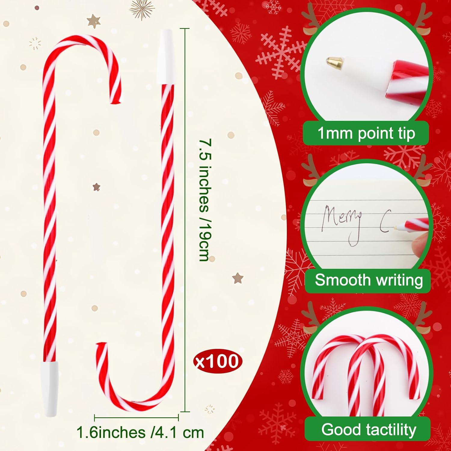 100PCS Christmas Candy Cane Pen Christmas Ballpoint Pens with Black Ink Office School Stationery Supplies for Holiday New Years Home Decor Xmas Googie Bag Party Favor, Red