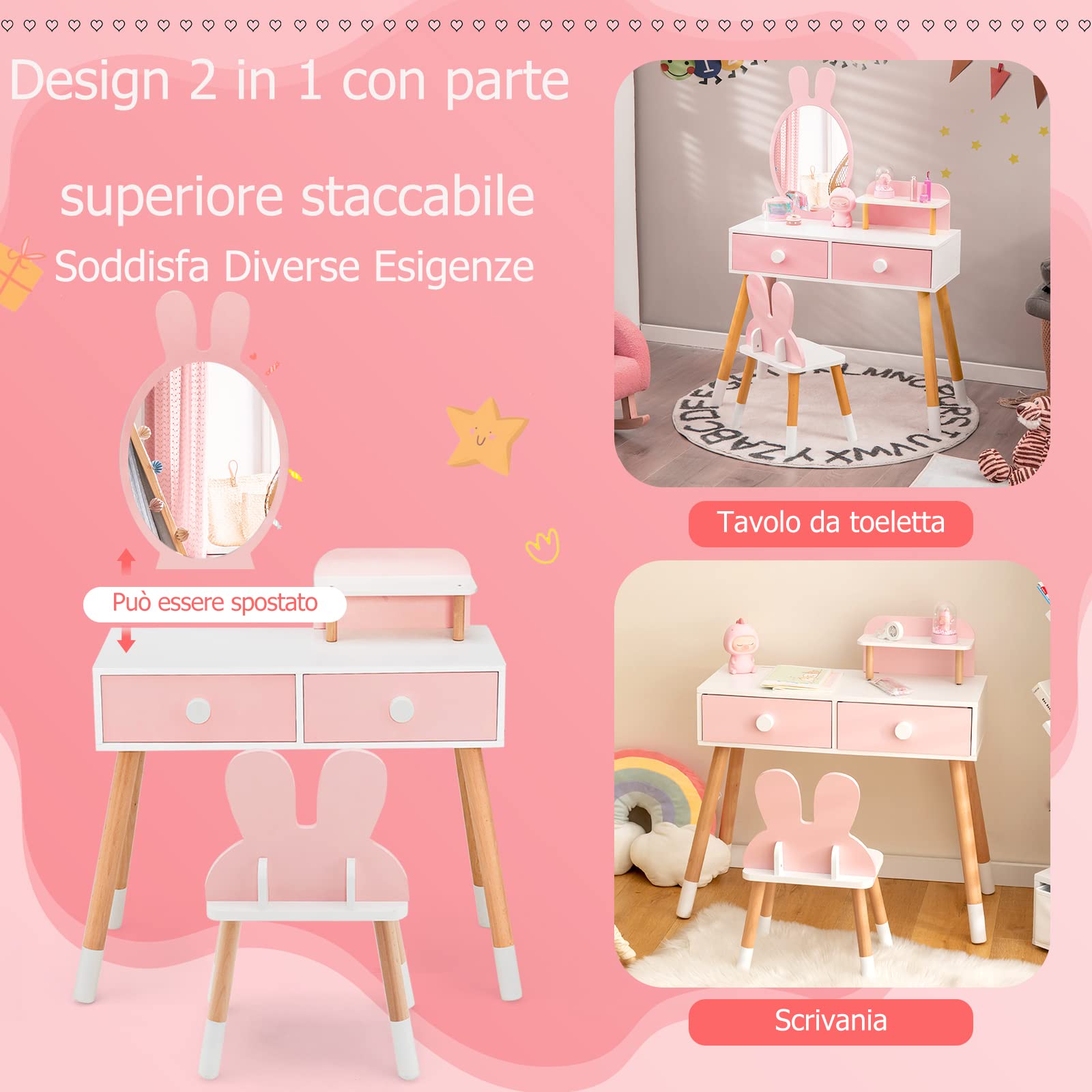 COSTWAY Toeletta Trucco 2 in 1 per Bambina, Specchiera a Forma di Coniglio Staccabile per Ragazza in Legno con Sgabello, Ripiano e 2 Cassetti, Postazione Trucco, 78 x 37 x 110cm (Rosa)