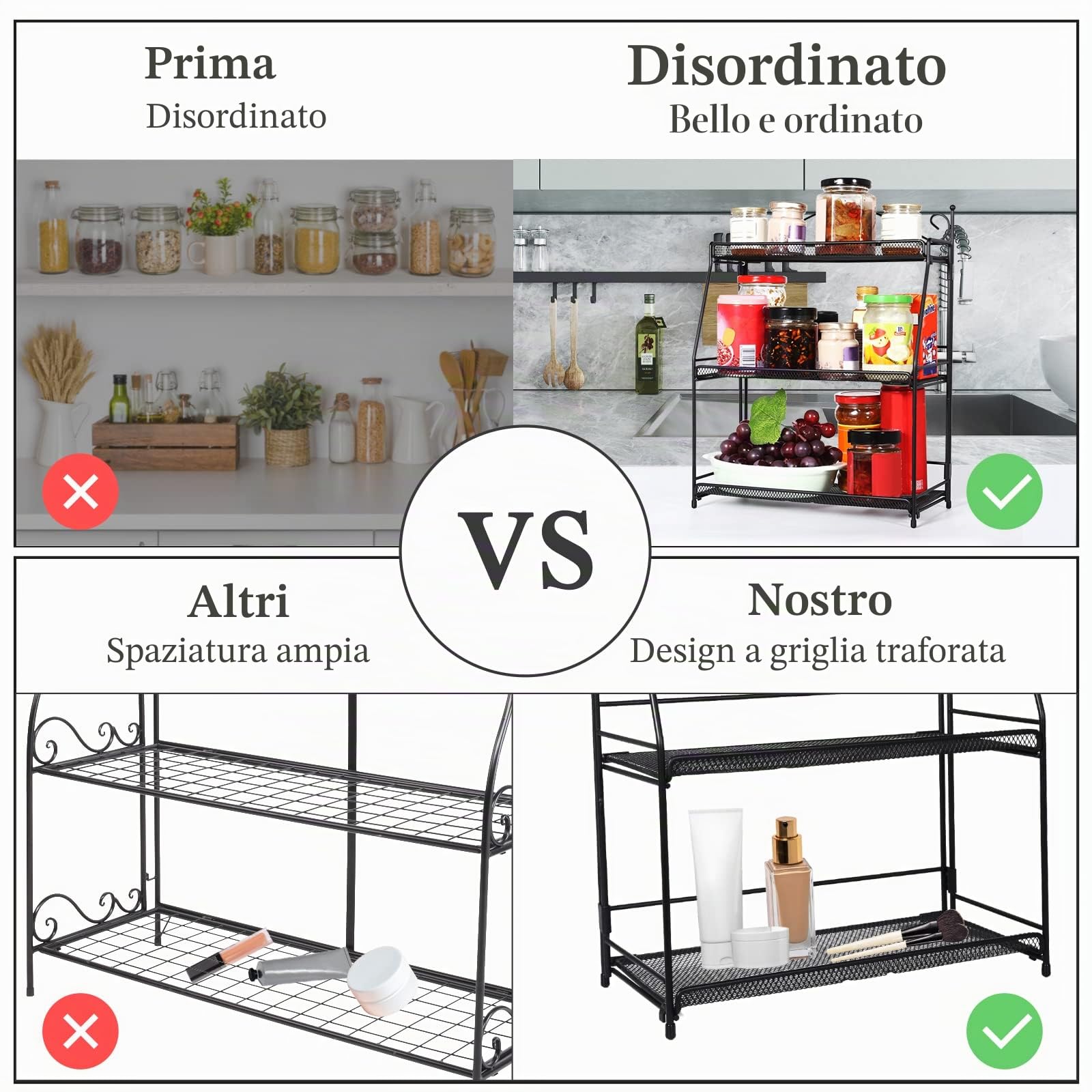 Uten Portaspezie a 3 Ripiani, Porta Spezie da Cucina, Portaspezie Salvaspazio, Supporto Porta Spezie, Pieghevole, Organizer per Cucina, Bagno e Camera da Letto