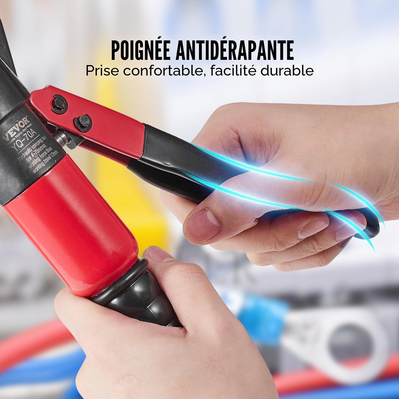 VEVOR Pince à Sertir 4-70 mm² Outil de Sertissage Hydraulique Cosses de Câbles Batterie Aluminium et Cuivre AWG12-2/0 avec Coupe-câble Paire de Gants 5 Connecteurs Anneau en Cuivre pour Électricien