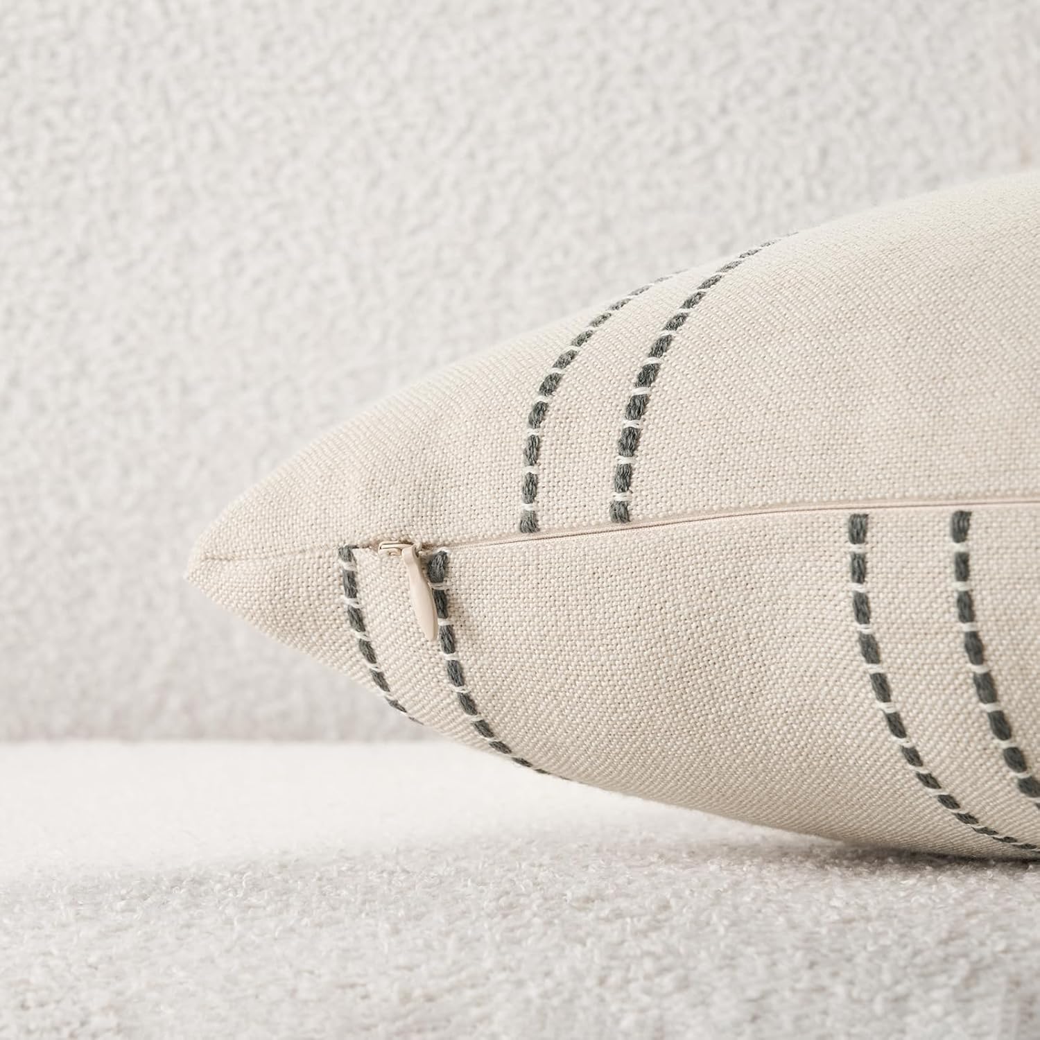 Decorative Throw Pillow Covers 18x18 Inch Set of 2 Linen Striped Accent Neutral Beige Farmhouse Boho Square Cushion Covers for Couch Sofa Bed Living Room Modern Home Decor, Grey - Image 2