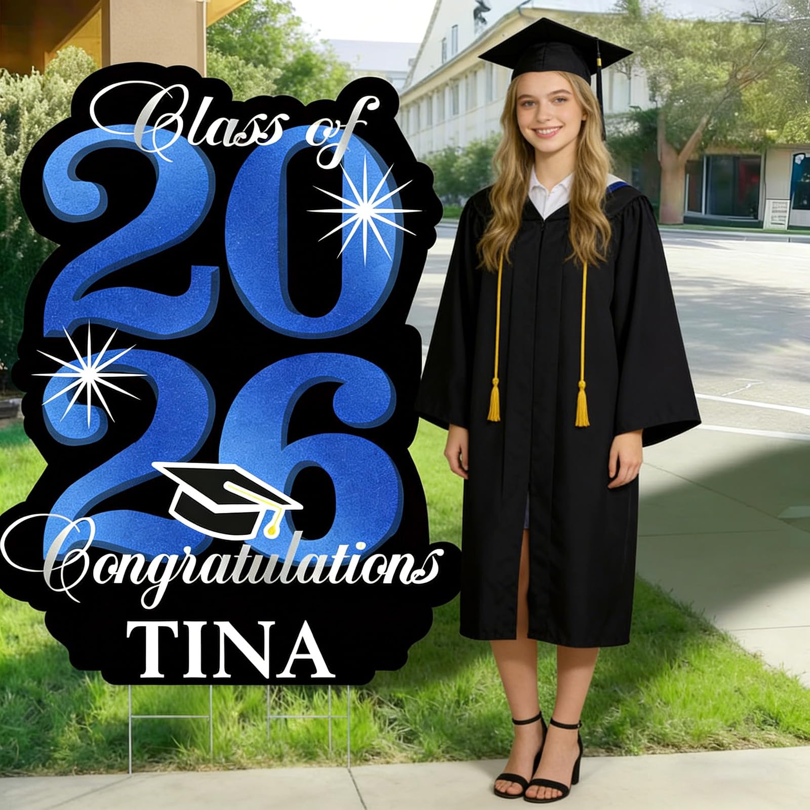 Photo 1 of 2026 Graduation Yard Sign Decoration,40 Inch Glitter Congrats Graduation Lawn Yard Signs with Stakes for Outdoor Large Waterproof Personalized Congrats Graduation Party Decoration Class of 2026?Blue?