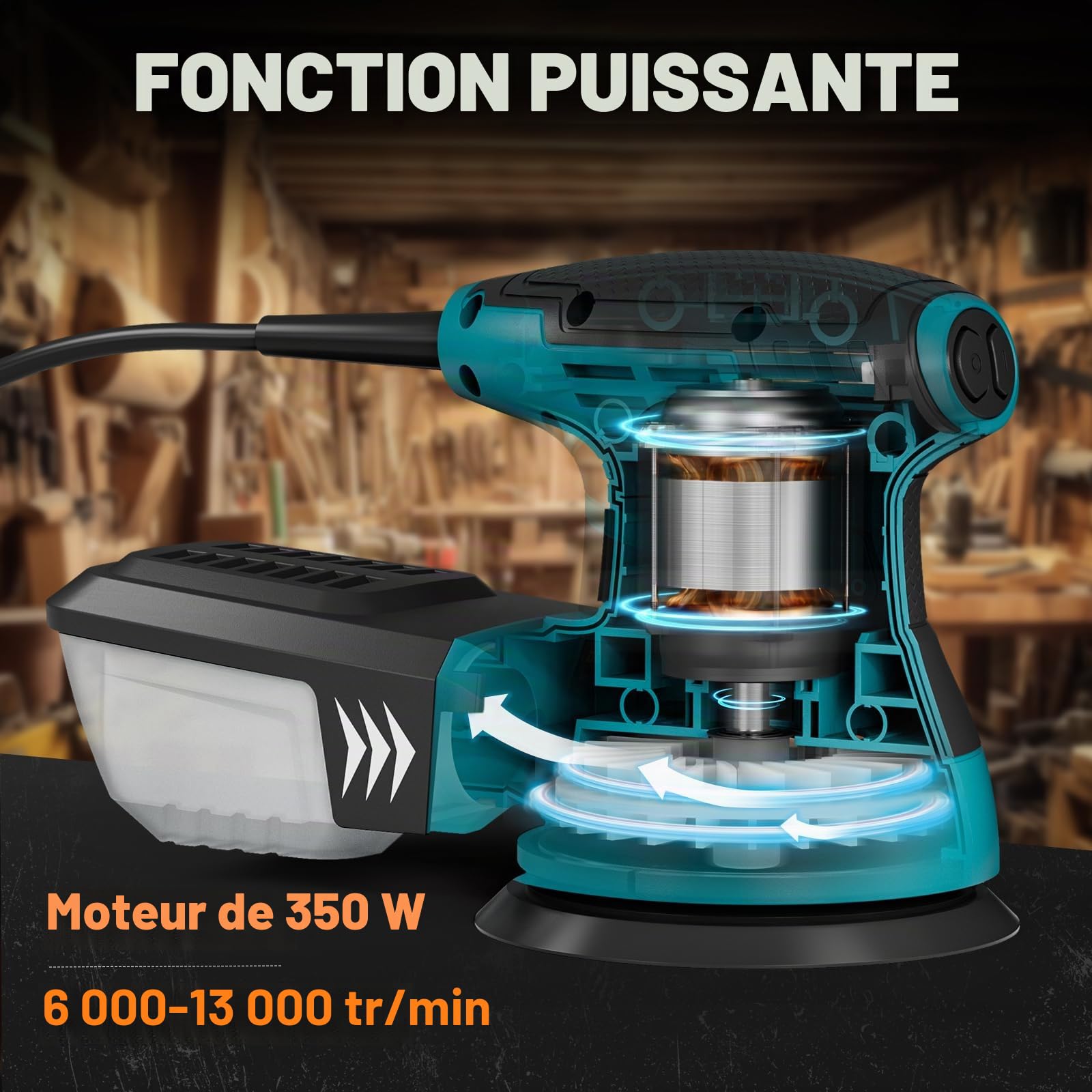 DOVAMAN ROS01A Ponceuse Orbitale, 350W Ponceuse Excentrique, 6 Vitesses, 13000 tr/min, Papier Abrasif 12 Pièces, Patin de Ponçage 125mm, Collecteur de Poussière, pour Surfaces en Bois et Acier -Orange