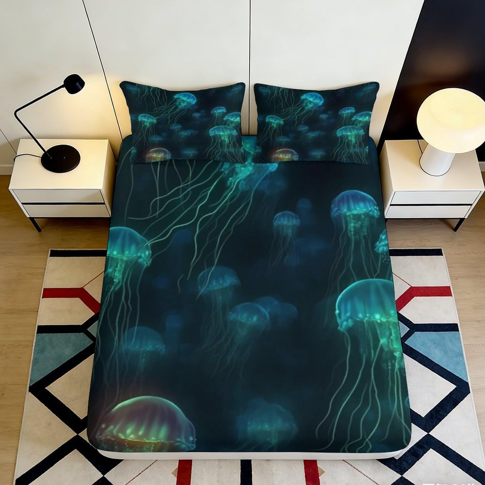 3D Printed Jellyfish Fitted Sheet Microfiber Soft Breathable Ocean Glow Bed Cover for Bedroom Dormitory Guest Room Mattress Protection Decor 180x200x25cm