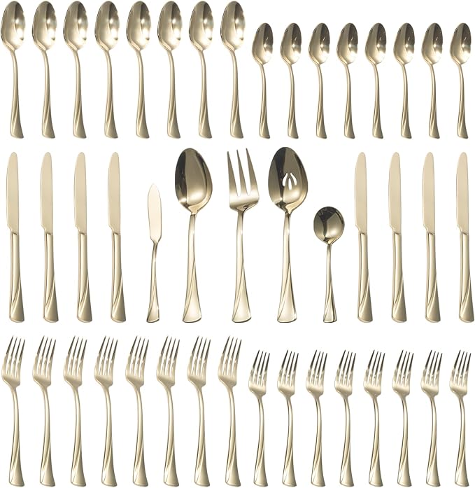 Alata Alice Champagne Gold Mirror 45-Piece Silverware Set Stainless Steel Flatware Set,Service for 8,Mirror Polished Cutlery Set,Dishwasher Safe