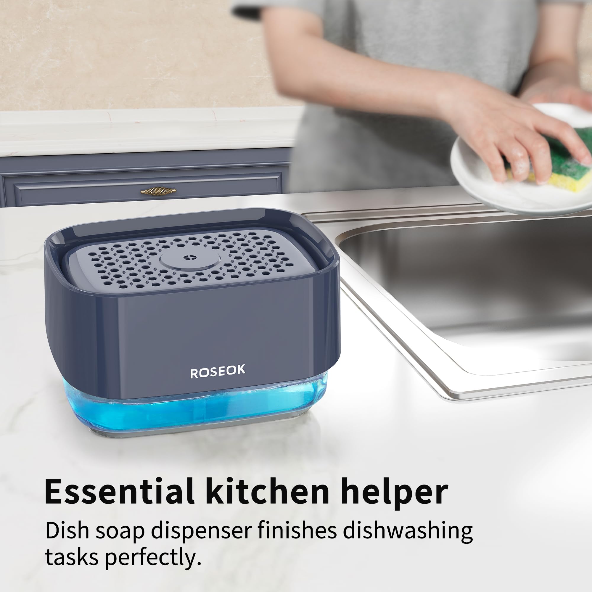ROSEOK Dispensador de jabón desmontable con una sola mano con soporte de esponja para limpiar platos, ollas, fregaderos, 500 ml