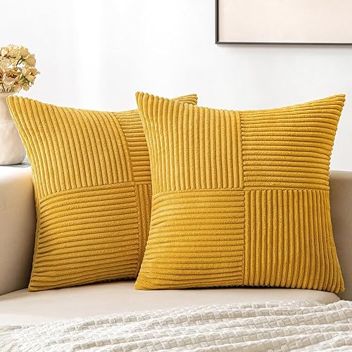 MIULEE Mustard Yellow Corduroy Pillow Covers Pack of 2 Boho Decorative Spliced Throw Pillow Covers Soft Solid Couch Pillowcases Cross Patchwork Textured Covers for Living Room Bed Sofa 18x18 inch