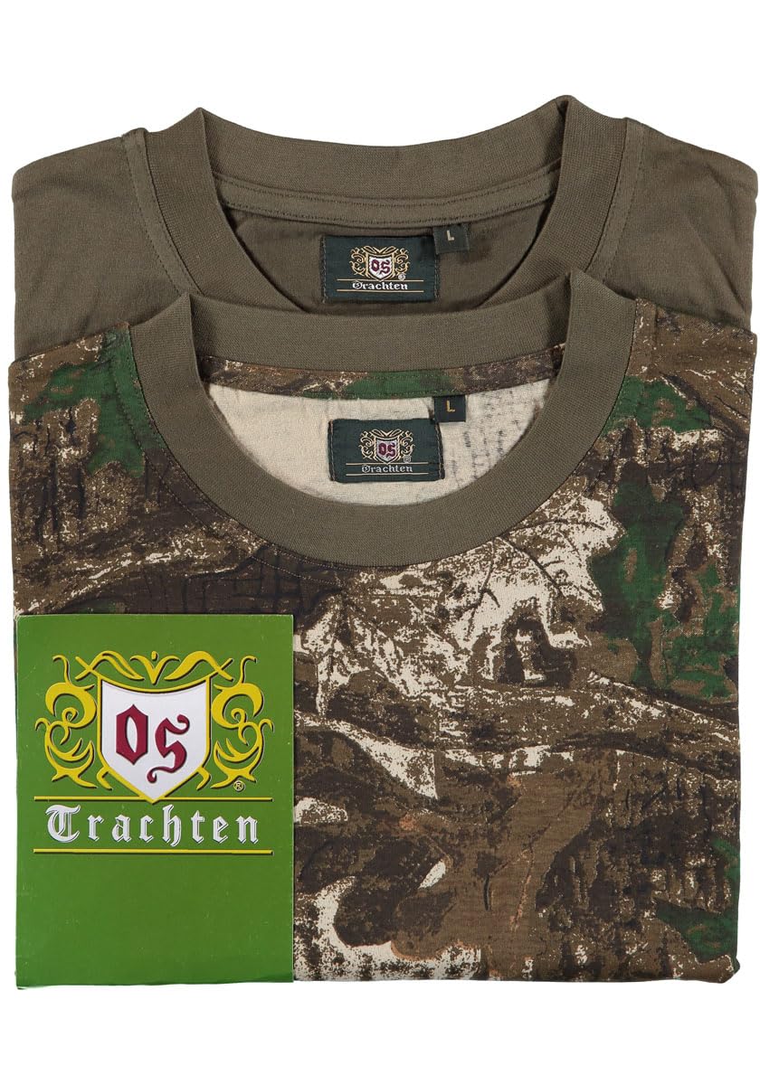 OS Trachten Camiseta en pack doble (2 unidades) de camuflaje / verde oliva sin diseño de camuflaje y color verde oliva