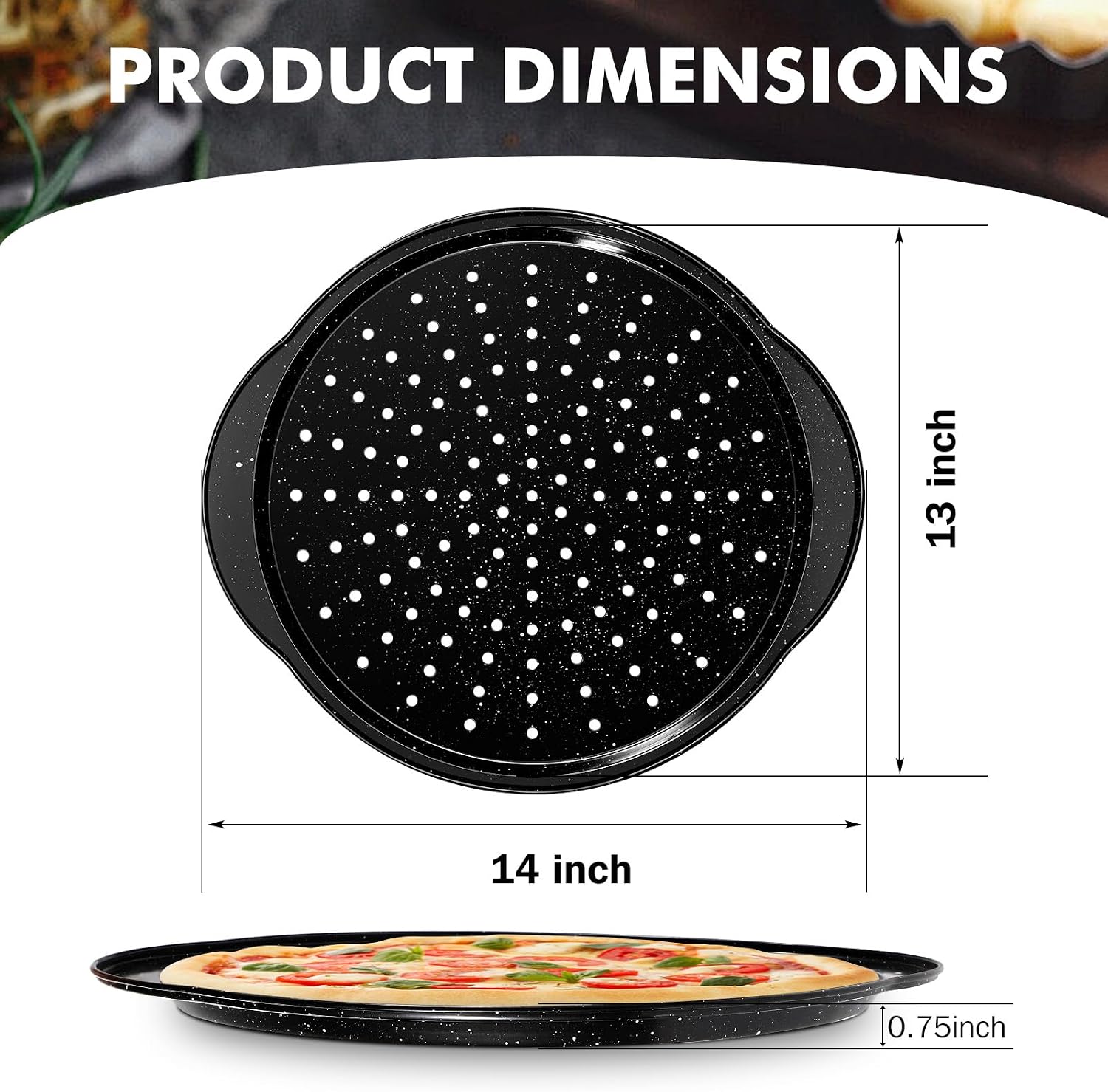 tchrules 2 Pack Pizza Pan 12 Inch with Holes&Handle, Non-Stick Carbon Steel Pizza Tray for Oven, Rust-Proof, Dishwasher-Safe, for Cooking, Baking, and Grilling (2, 12inch)