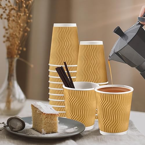 Miniatura 6 de 80 juegos Tazas de café desechables de 16 onzas con tapas y pajitas tazas de café para llevar tazas de papel corrugado tazas de pared con ondas de
