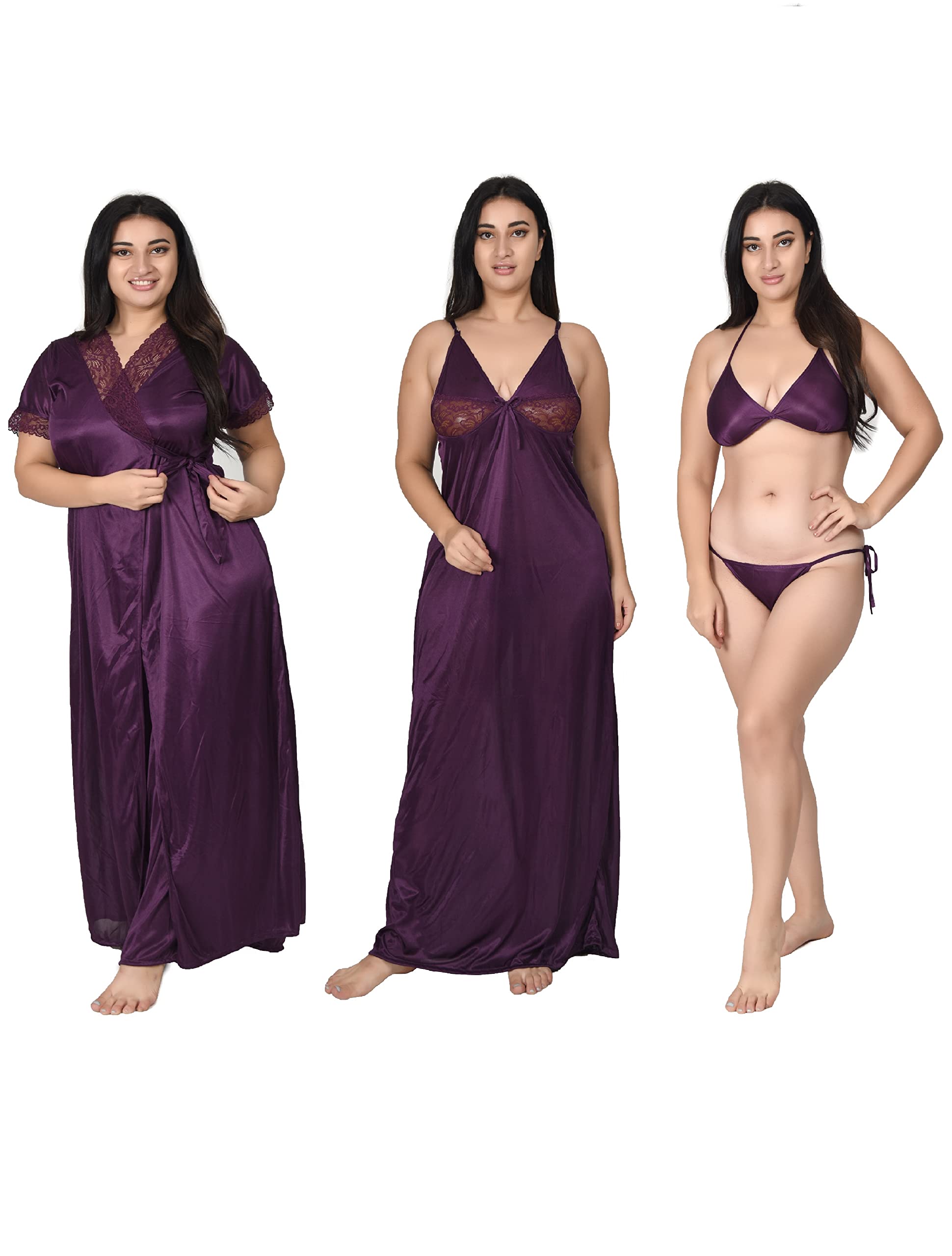 gwachi Half Sleeve Satin Solid Maxi Nightwear 1 Nighty, 1 Wrap Gown, 1 Panty, 1 Bra (GW_4003_Half_4Pcs_Set)-picture-51