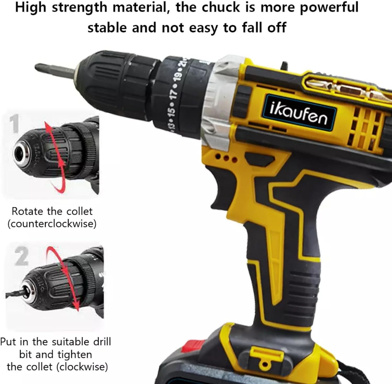 ikaufen Cordless Drill Driver, 21V Electric Drill Screwdriver Kit with 25+1 Torque, 2 Speed with 2 Batteries 1.5Ah, LED Light Cordless Combi for Home and Garden DIY Project (Yellow 01)