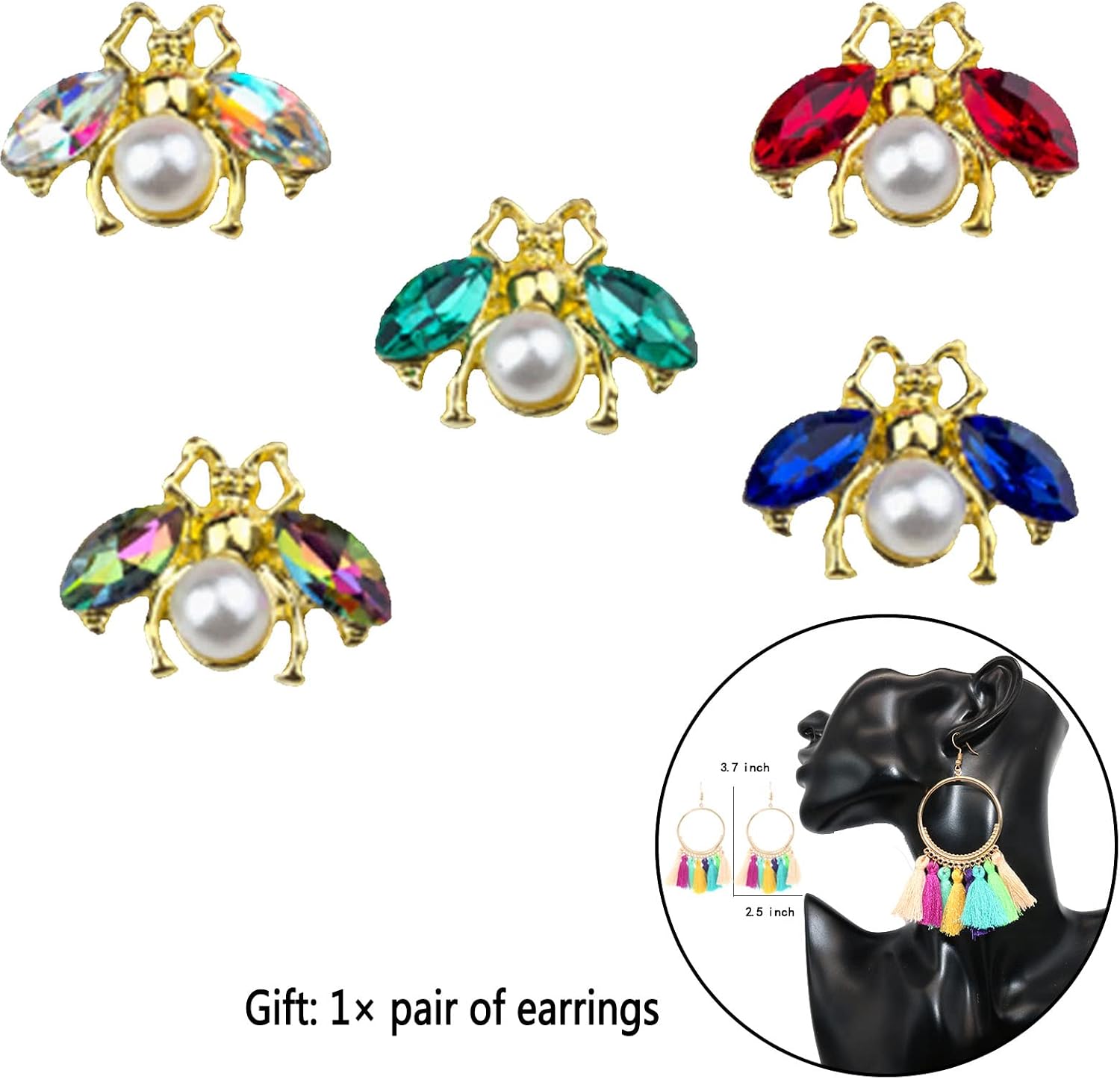 5Pcs 3D Heart Butterfly Bee Rhinestone Nail Art Charms Cute Shiny Crystal Pearl Metal Nail Gems Decorations for Women Girls DIY Accessories Jewelry Crafts Tool Nail Design image 4