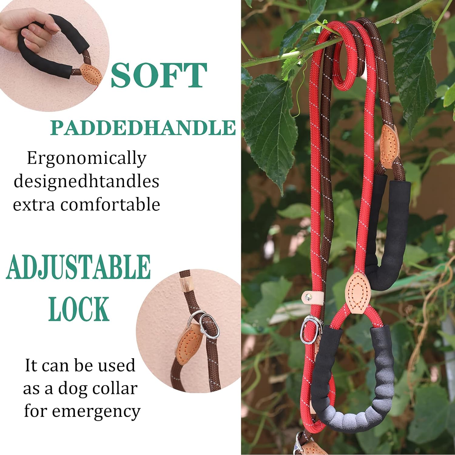 Bouverg 5FT Adjustable No- Pull Double-Sided Reflective Superior Nylon Dogs Leashes with Soft Padded Handle, Durable Strong Rope for Large and Medium Dogs Walking (Brown)