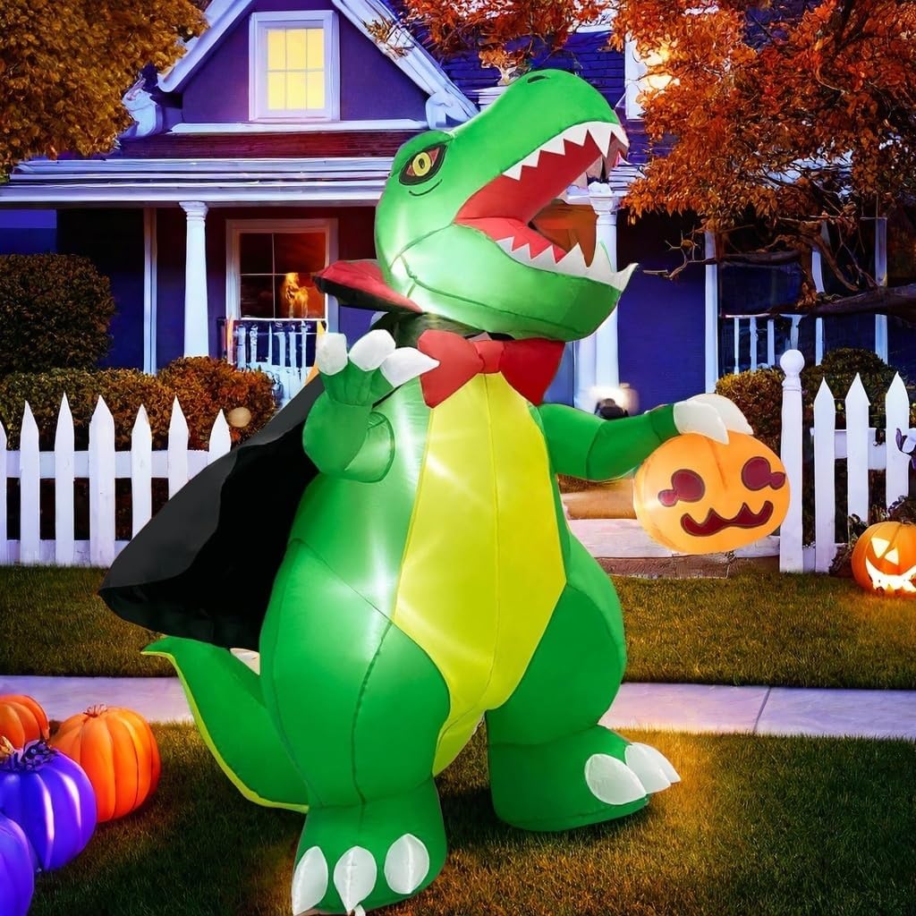 6 FT Halloween Inflatable Dinosaur Decoration, Dinosaur Carrying Pumpkin Body Suit, Built-in LED Lights, Outdoor Party Garden Lawn Holiday Decoration