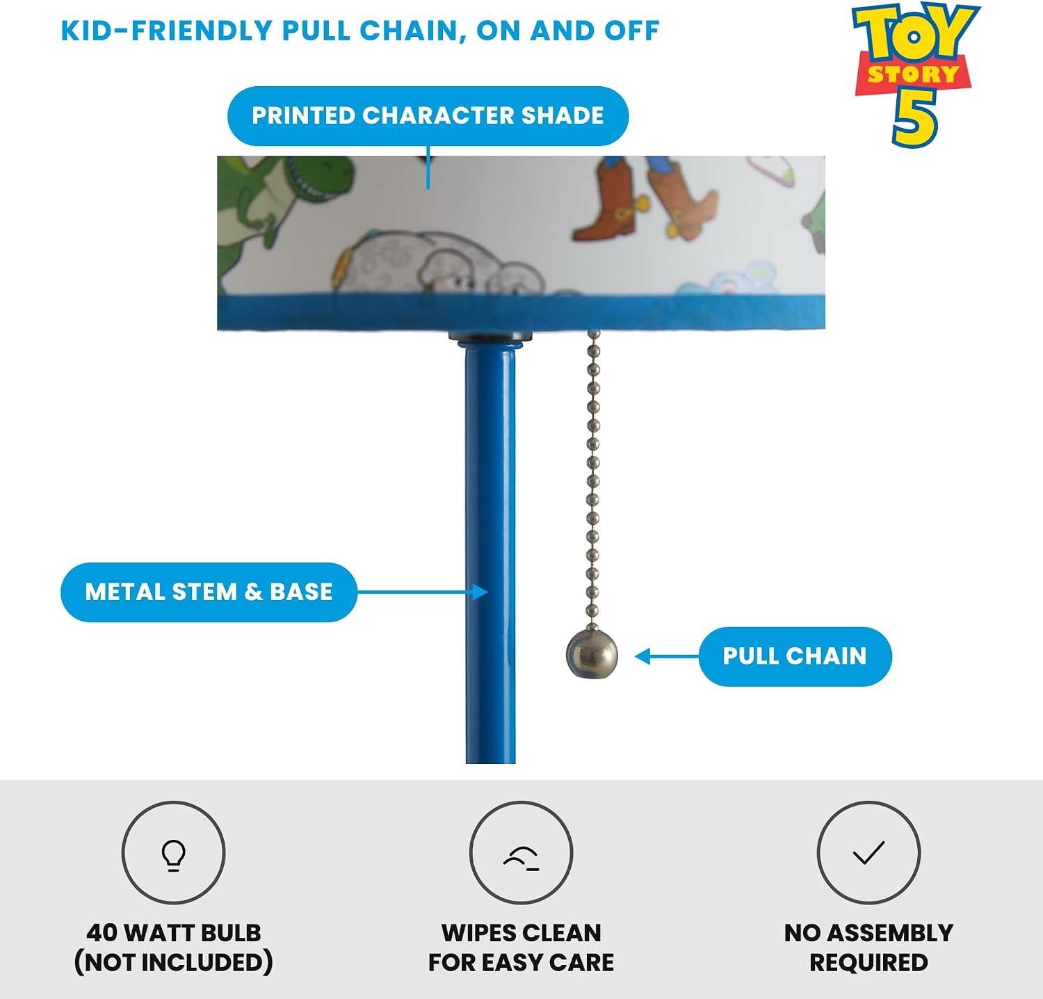Idea Nuova Toy Story Printed Shade Stick Table Kids Lamp with Pull Chain, Themed Printed Decorative Shade