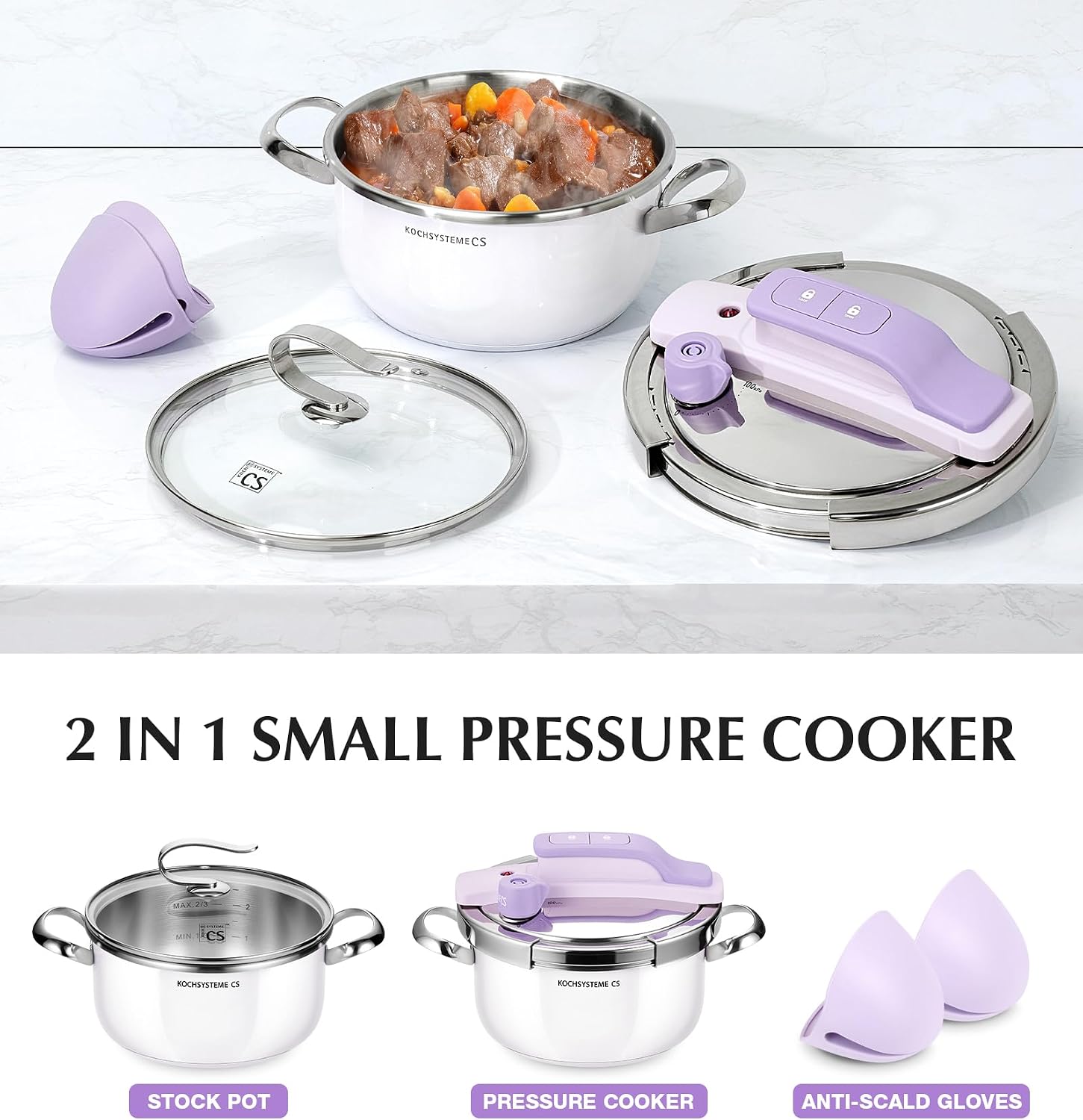 KOCH SYSTEME CS Small Pressure Cooker Stainless Steel, 3.2 Quart Olla de Presion, One-Press Locking, 18/10 Stainless Steel Pressure Cooker 3 Liter, Induction Compatible, with Glass Lid, Purple