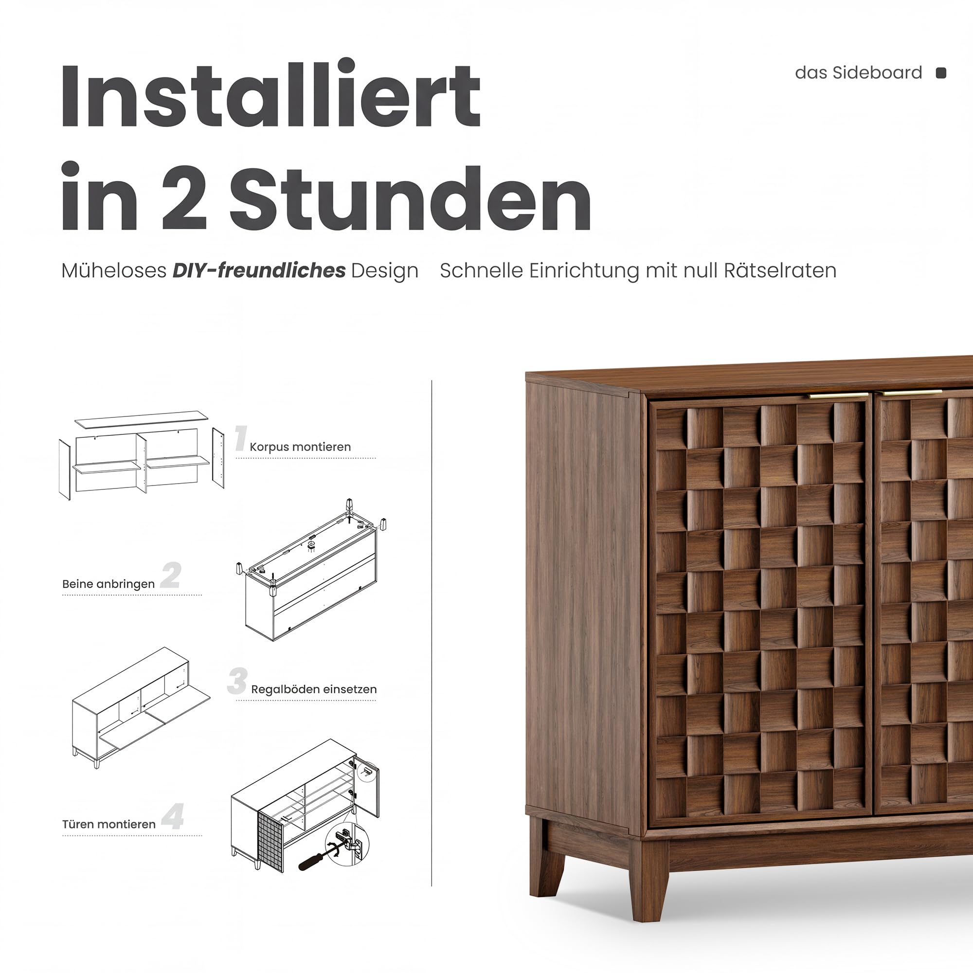 COLAMY Sideboard 150 cm Holz mit Stauraum – Modernes Sideboard für Wohnzimmer, Küchenschrank mit verstellbaren Einlegeböden, Buffet Schrank mit 3D Holzfront, Walnut