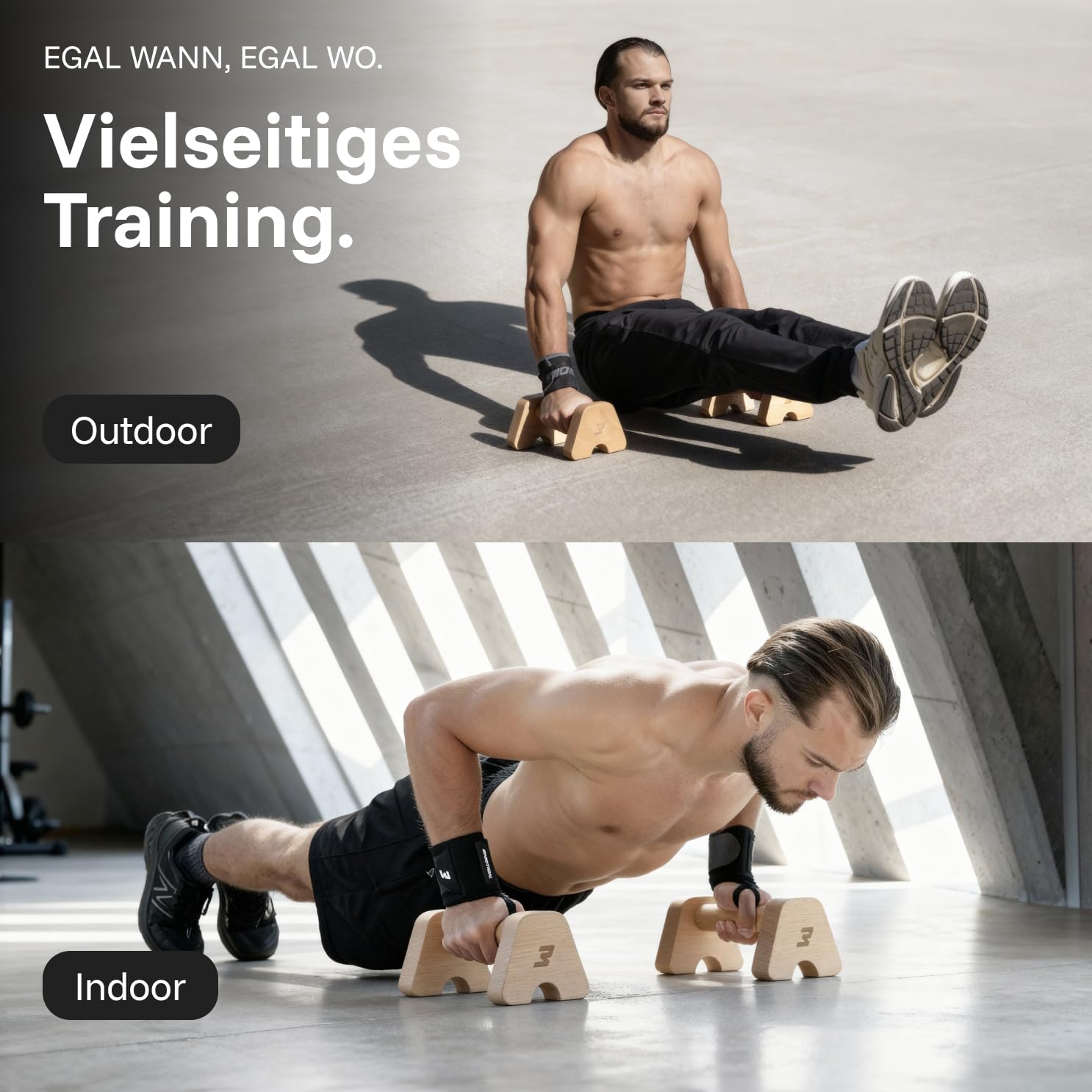 BMOTION Liegestützgriffe Holz, Parallettes Calisthenics aus Buchenholz, rutschfeste Push Up Bars und Handstand Griffe, gelenkschonend bis 300 kg, inkl. Transportband, Indoor und Outdoor