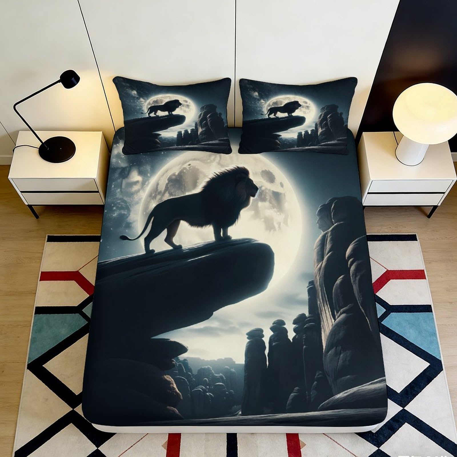 3D Printed Lion Moonlight Fitted Sheet Microfiber Black Silhouette Mattress Cover for Bedroom Dorm Decor Easy Care 90x200x25cm