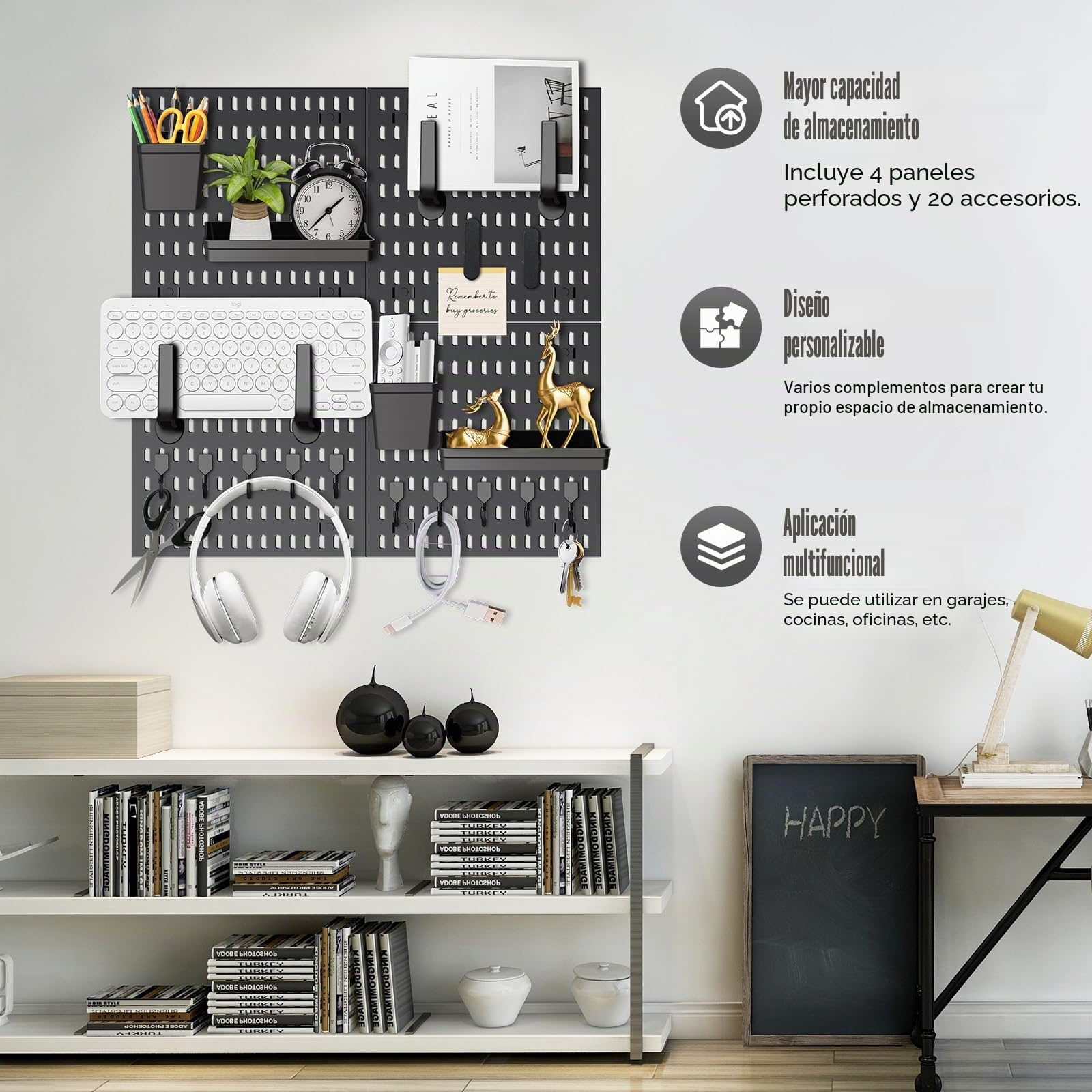Set combinado de organizador de pared con panel enchufable y 4 losetas de 30 x 30 cm + 20 piezas de accesorios para almacenamiento, organización y decoración, combinación libre y fácil