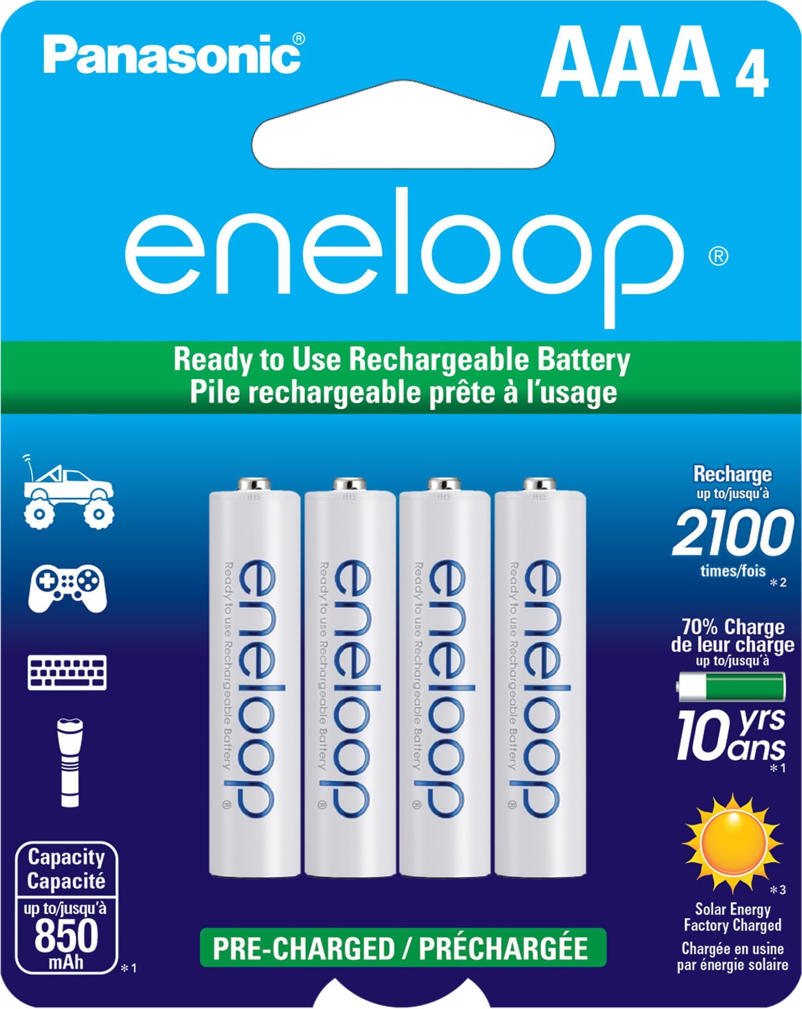 Panasonic BK-4MCCA4BA AAA 2100 Cycle Ni-MH Pre-Charged Rechargeable Batteries, 4-Battery Pack