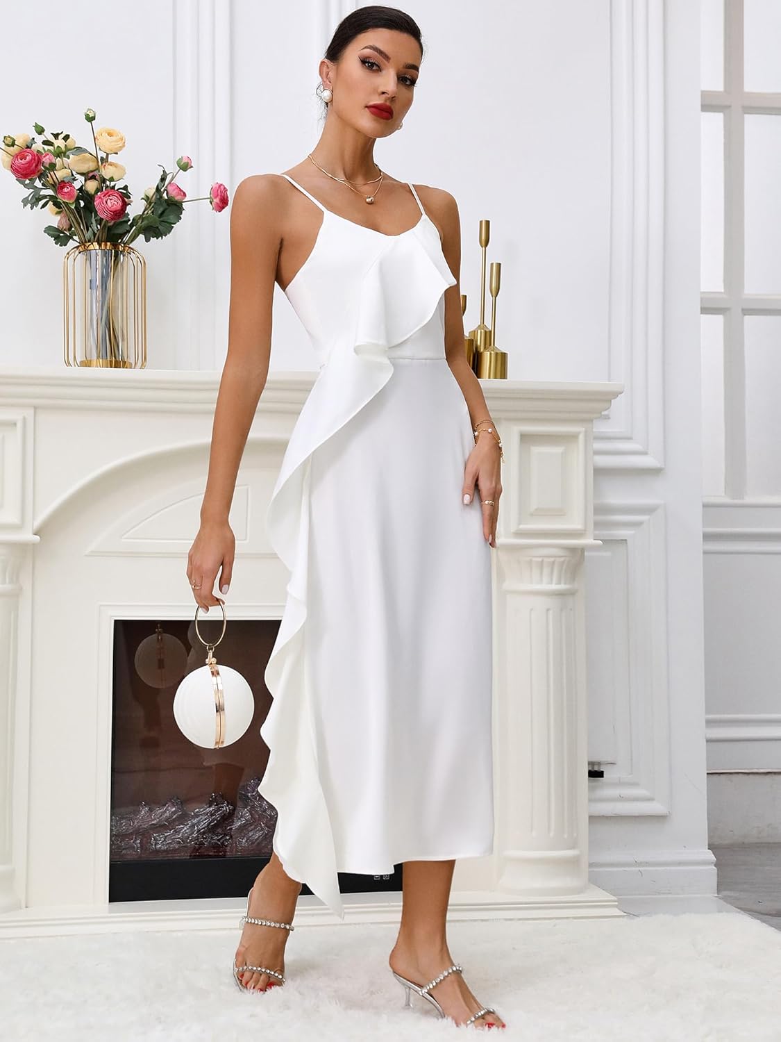 Women's Spaghetti Strap Midi Satin Silk Dresses Ruffle A Line Party Cocktail Evening Formal Dress - Image 3