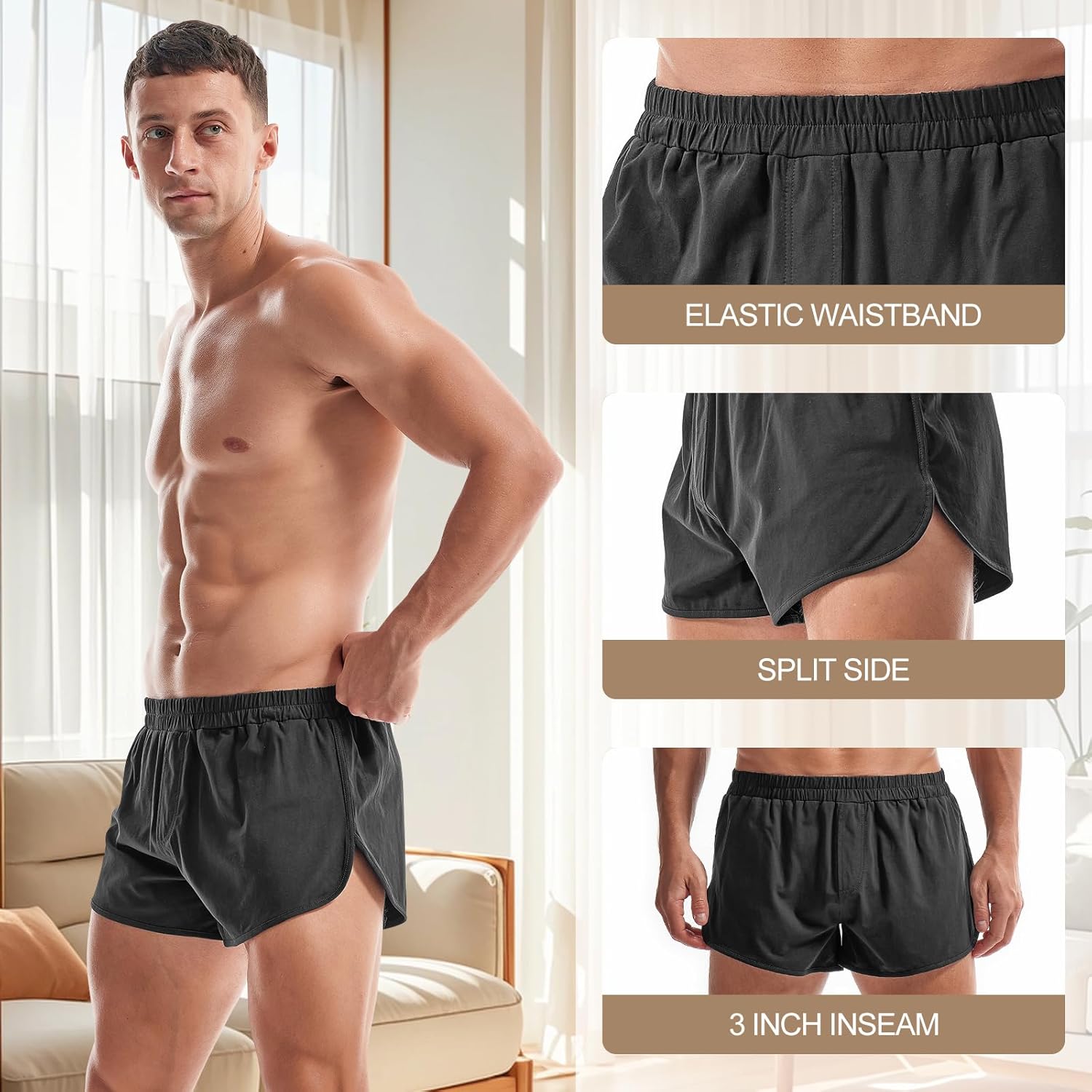 AMY COULEE Mens Lounge Shorts Workout Gym Shorts Lightweight Split Side Cotton Sleep Bottoms - Image 4
