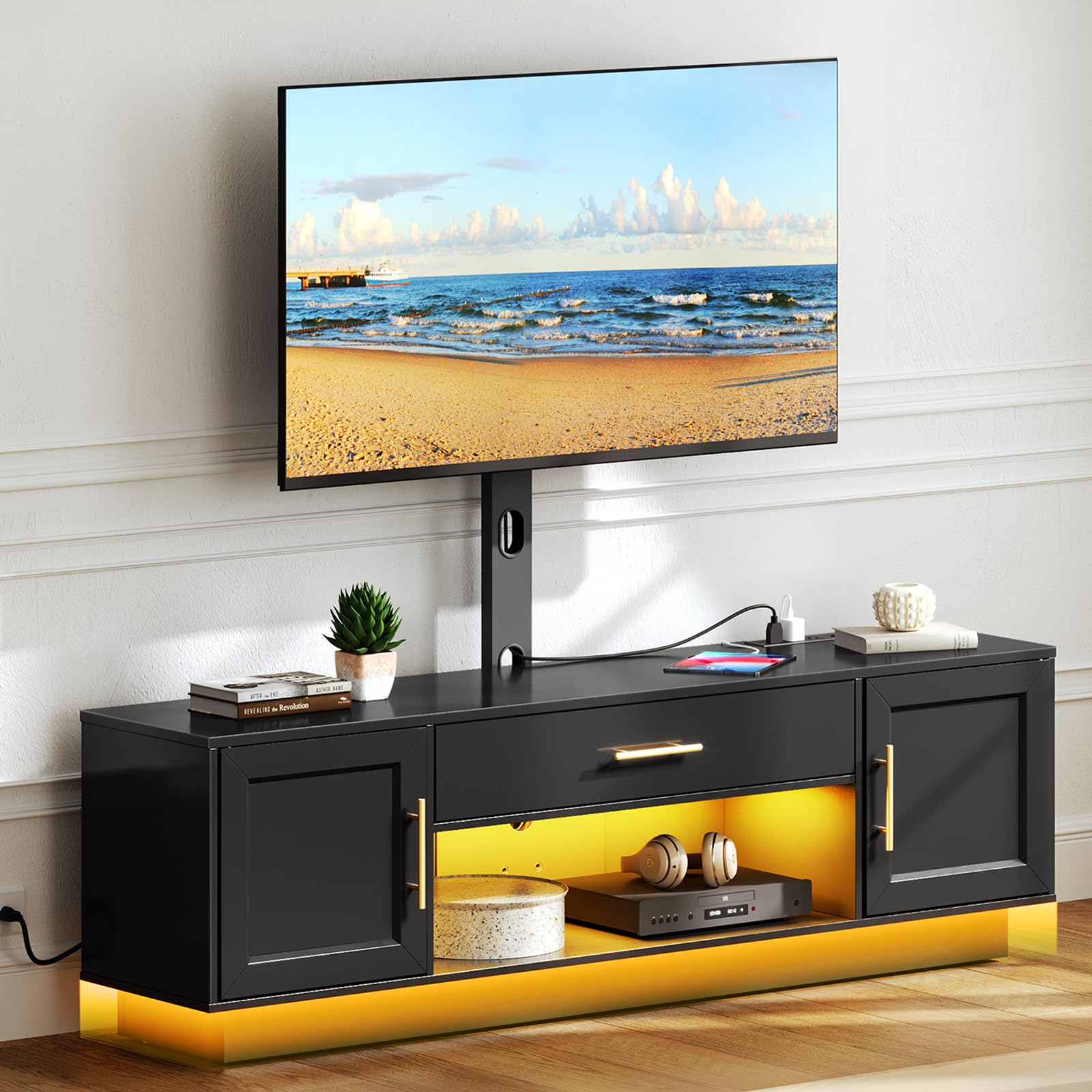 TV Stand with Mount Power Outlet 59.1", Swivel LED Entertainment Center for 32/45/55/60/65/75 inch TVs, Height Adjustable Modern Media Console Cabinet, TV Table for Living Room, Bedroom, Black