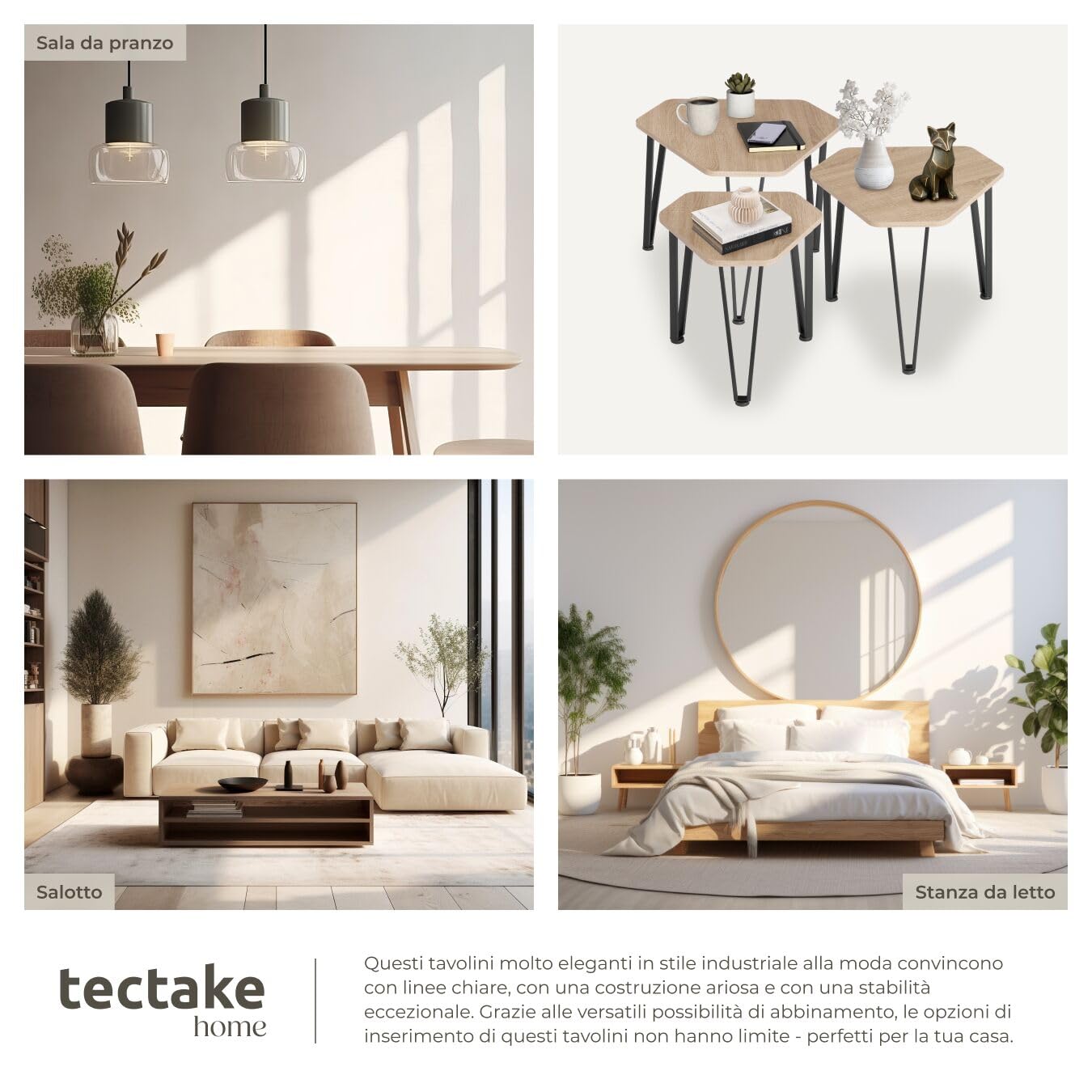 tectake 801115 Set tavolini Torquay, Piedi in plastica regolabili in altezza, Facile da curare (Industriale legno chiaro, rovere Sonoma)