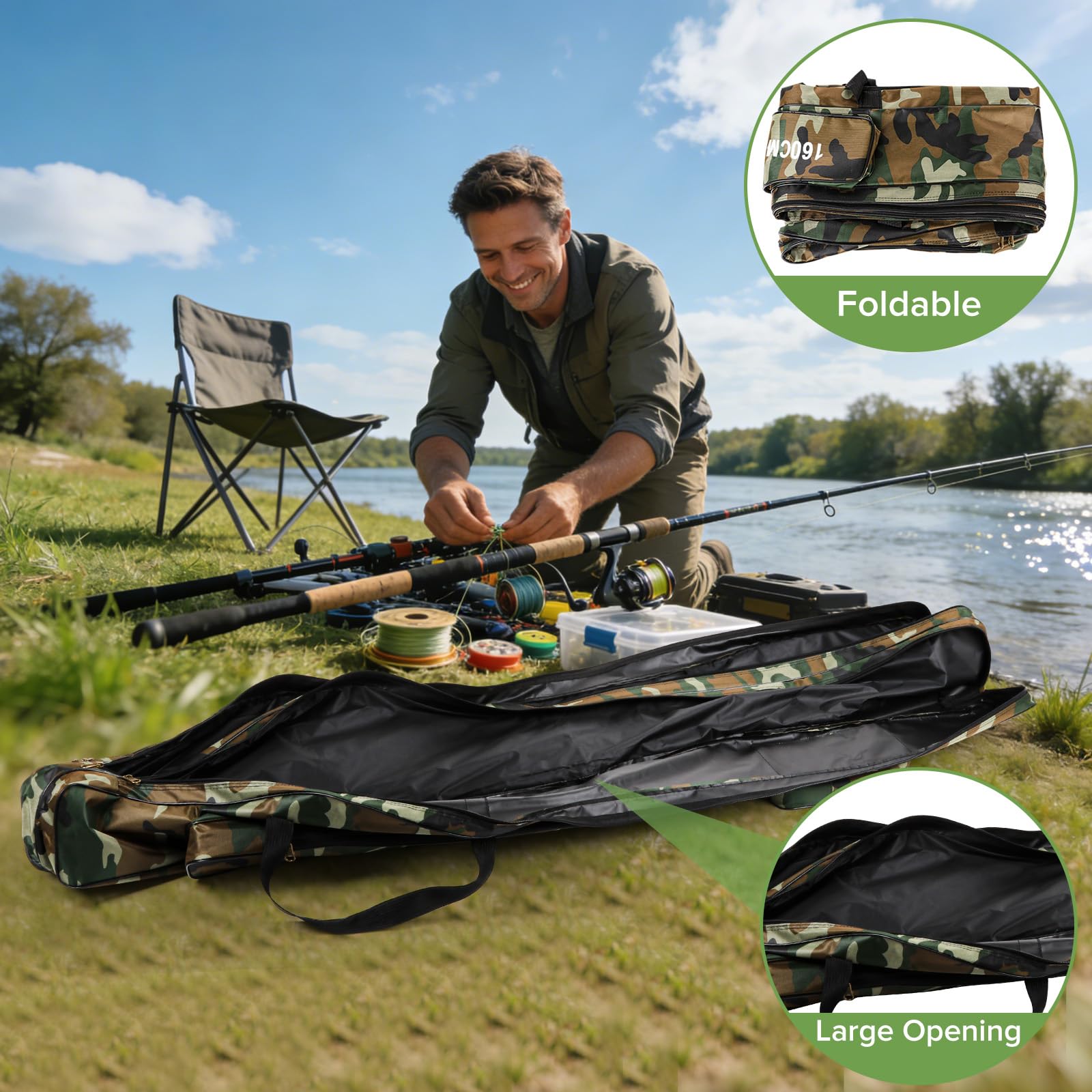 Housse de canne à pêche pliable et portable, housse à 3 couches de 160cm avec organiseur de moulinets et multiples compartiments, housses de canne à pêche étanche rangement cadeau idéals pour pêcheurs