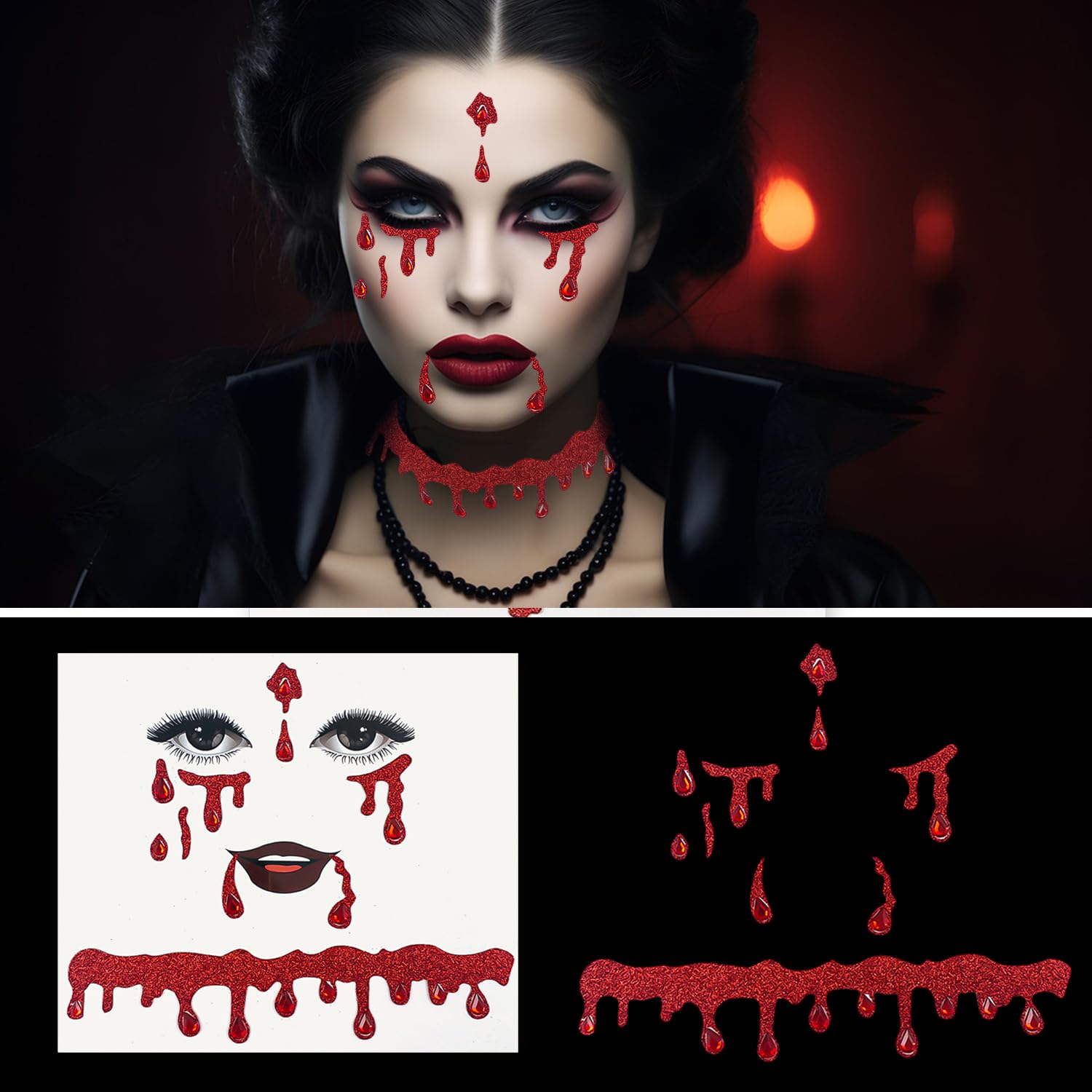 JNAWA 2Pieces Halloween Vampire Makeup Stickers Glitter Face Jewels Fake Blood Drop Funny Halloween Stickers for Women Vampire Costume Accessories - Image 2
