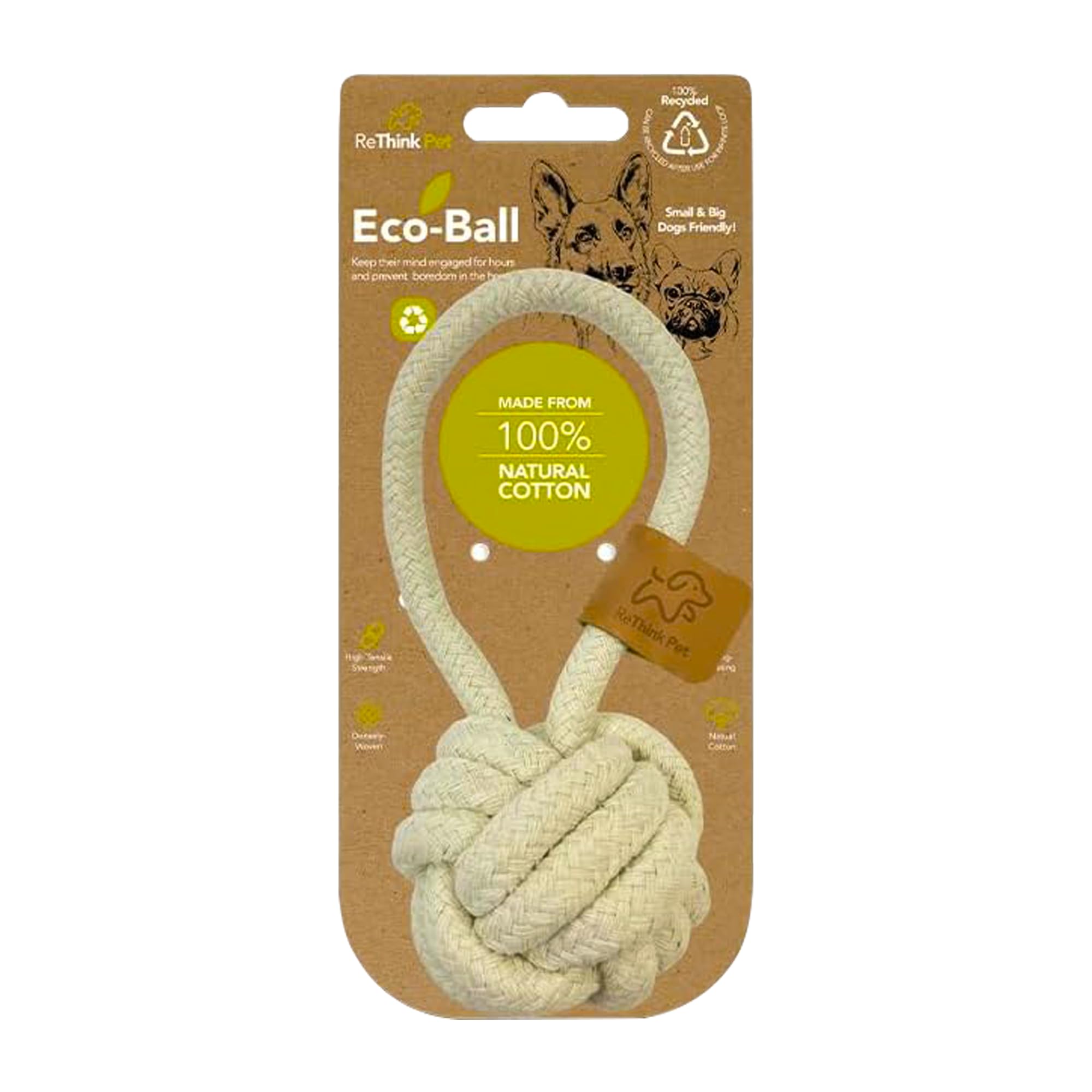 ReThink Pet Eco Cotton Rope Ball Dog Toy, Natural Cotton Dog Toy & Ball Rope Toys for Dogs, Toy for Big & Small Dog, Densely Woven & Durable Training Toys