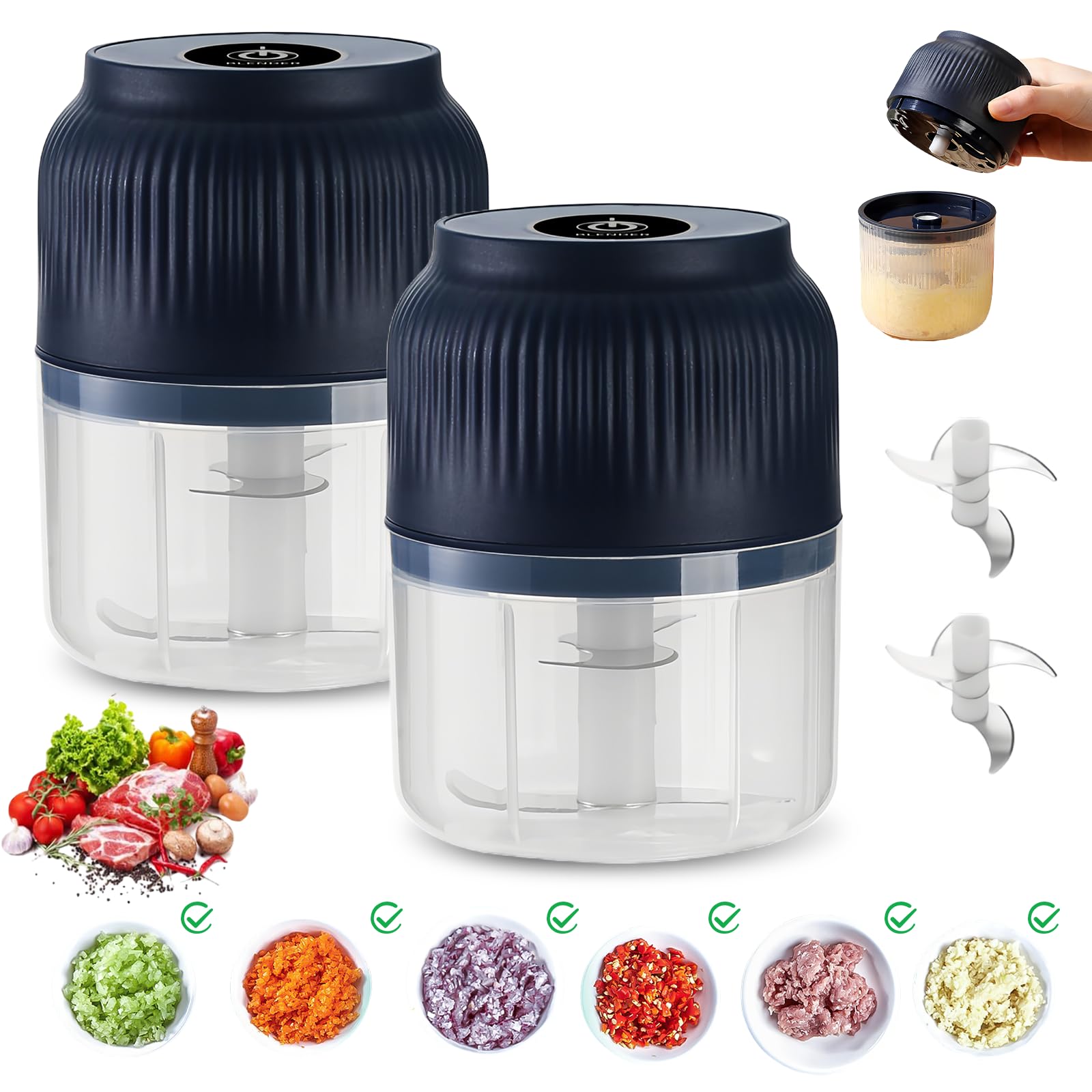 Mini elektryczny rozdrabniacz, 300 ml rozdrabniacz akumulatorowy, pomocnik kuchenny z przyłączem USB, siekacz do czosnku, cebuli, warzyw, owoców, orzechów (niebieska)